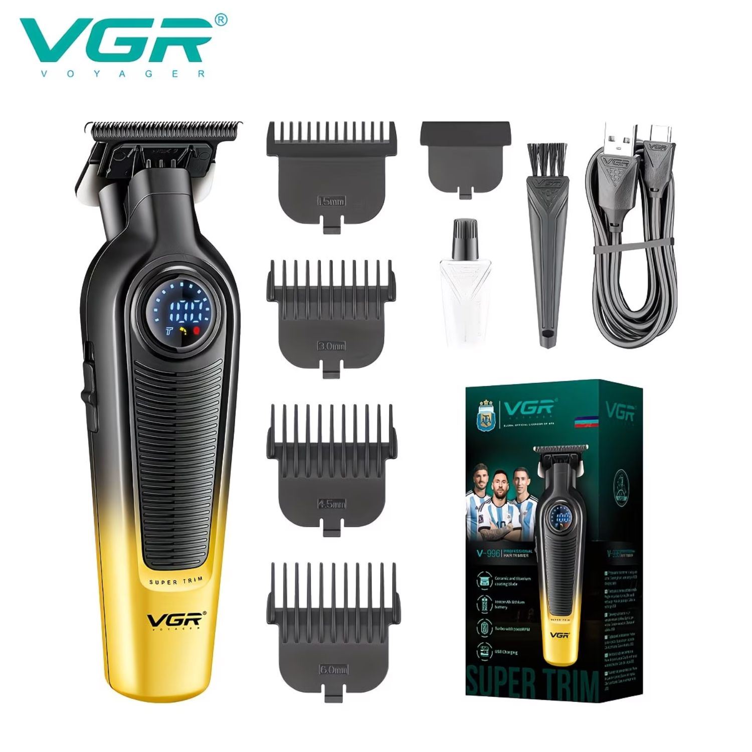 Máquina de Cortar Pelo y Barba Trimmer VGR V-996 Profesional USB Tipo C Pantalla LED