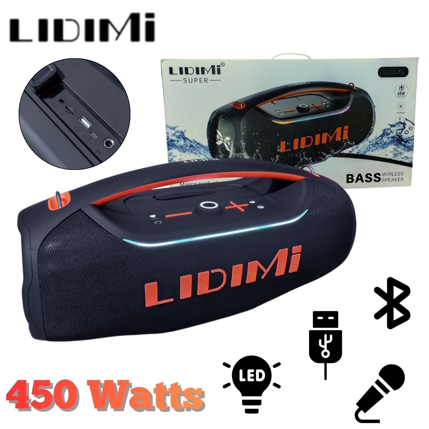 Parlante Lidimi serie Super D 679 450 Watts USB BT Micrófono Correa