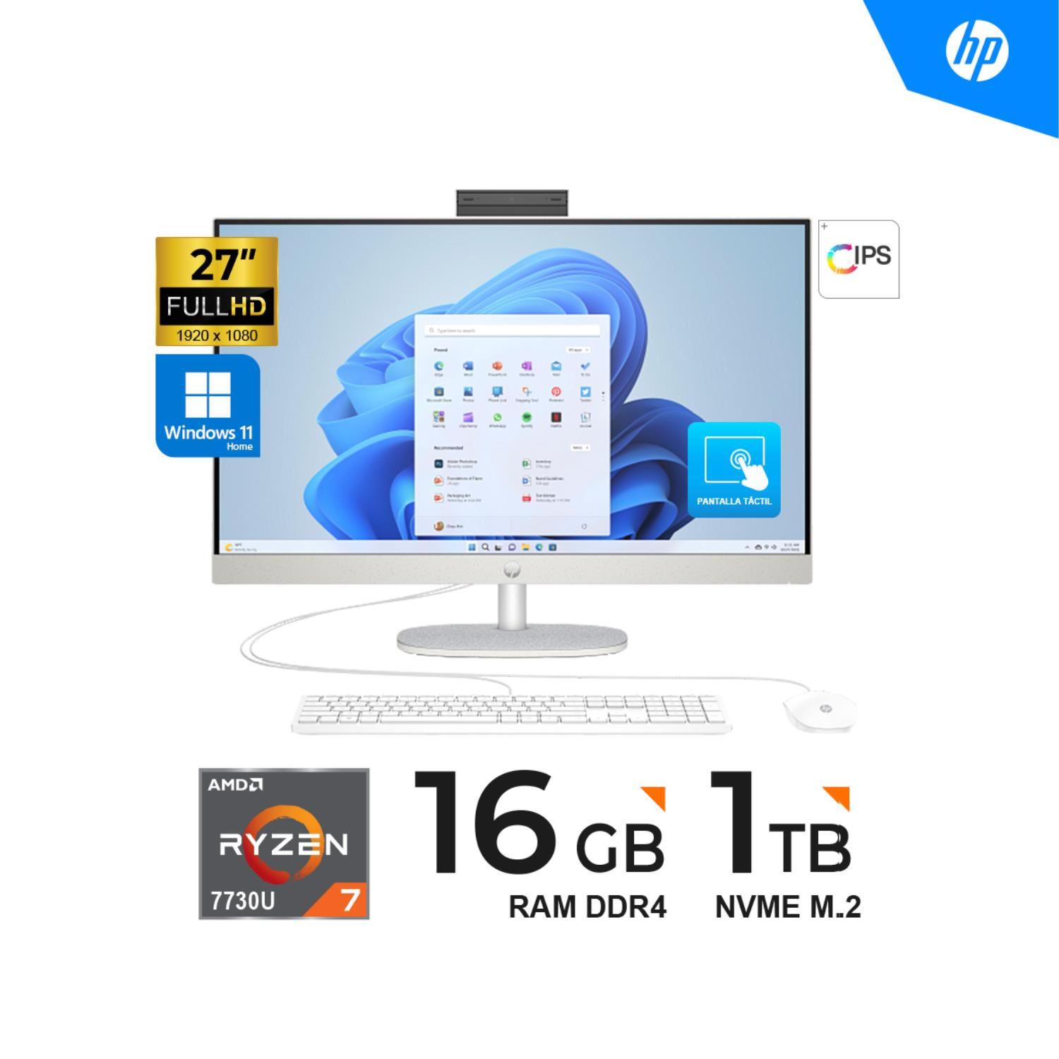 PC TODO EN UNO HP 27" FHD IPS 1920 x 1080 TOUCH Ryzen 7 7730U Hasta 4.5GHz 16GB 1TB WINDOWS 11 HOME BLANCO