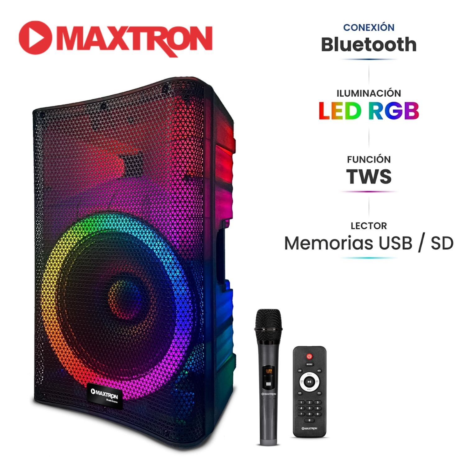 Parlante Semi Profesional Maxtron MX 1501 Rainbow Boufer 15" USB BT TWS LED RGB
