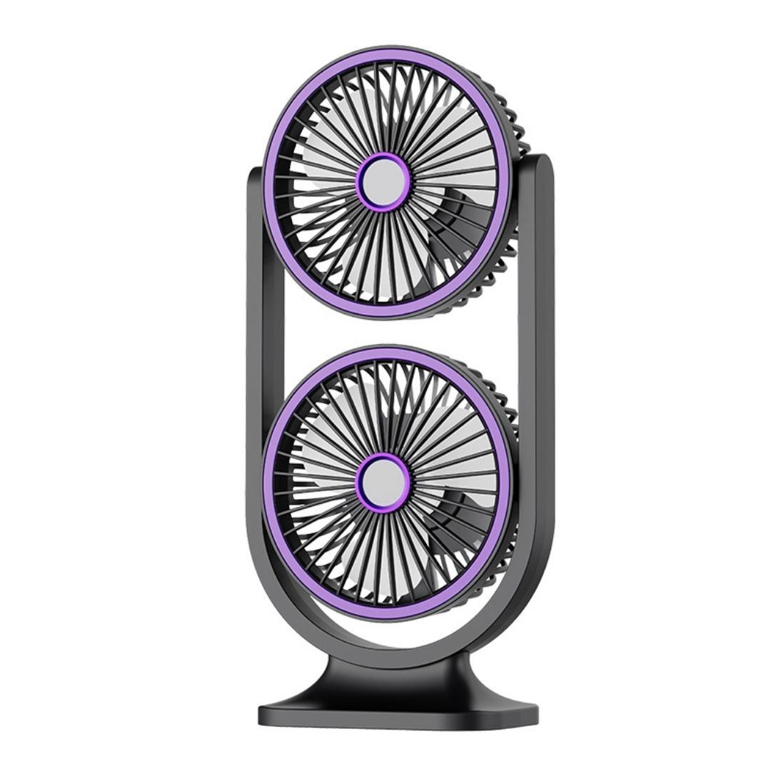 Ventilador de Escritorio Doble Cabezal Recargable con Rotación 360°, 3 Velocidades y Luz LED