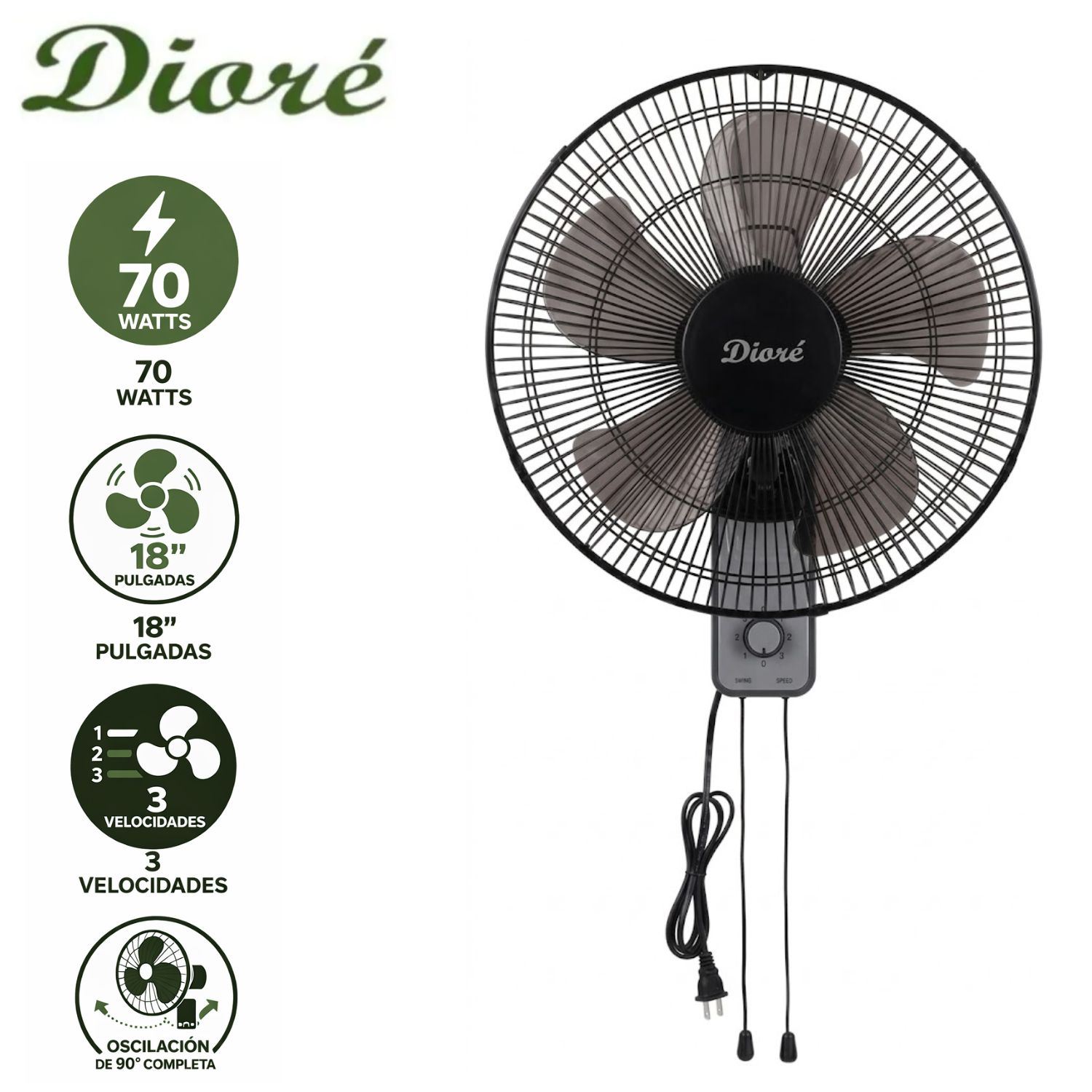 Ventilador de pared Dioré MWF 1805 UNIDAD 3 velocidades 5 aspas 70 W Negro/Gris