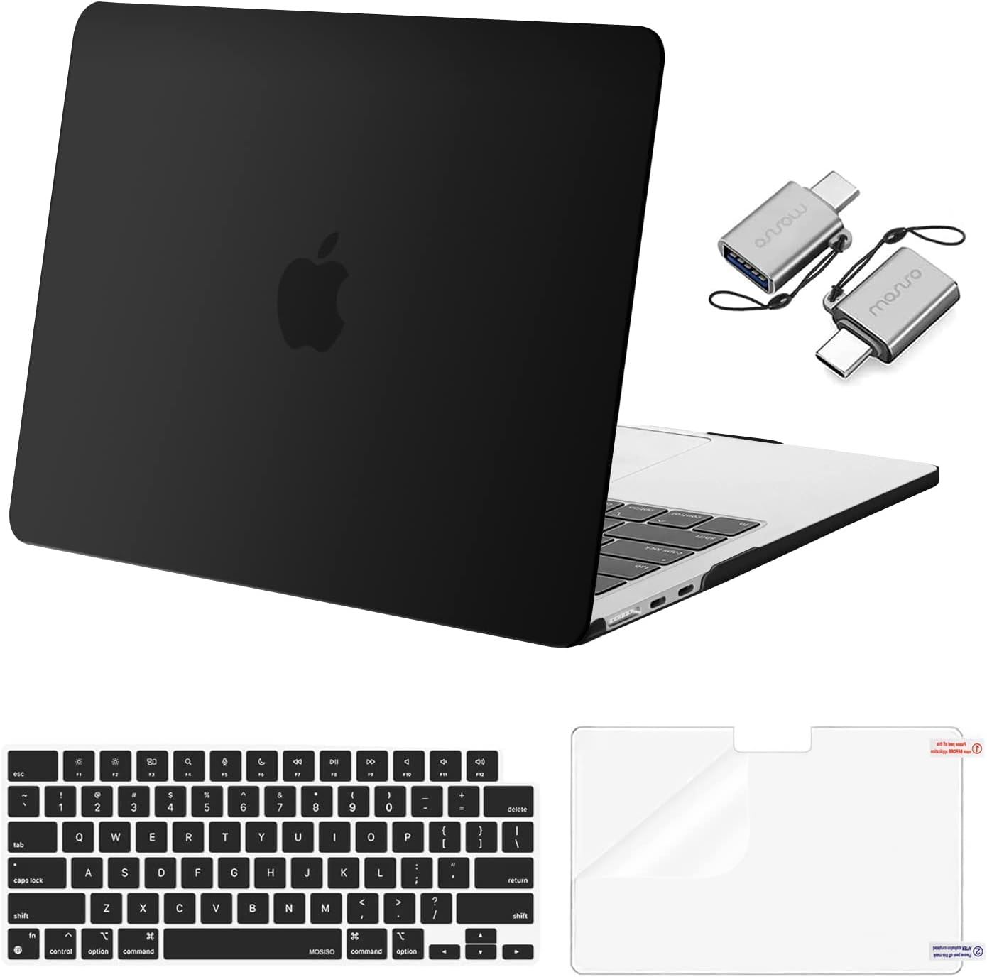 MOSISO Funda Negra para MacBook Air 13.6” M5 M4 M3 M2 – Kit Completo con Protector Teclado + Mica + Adaptador USB - Negro