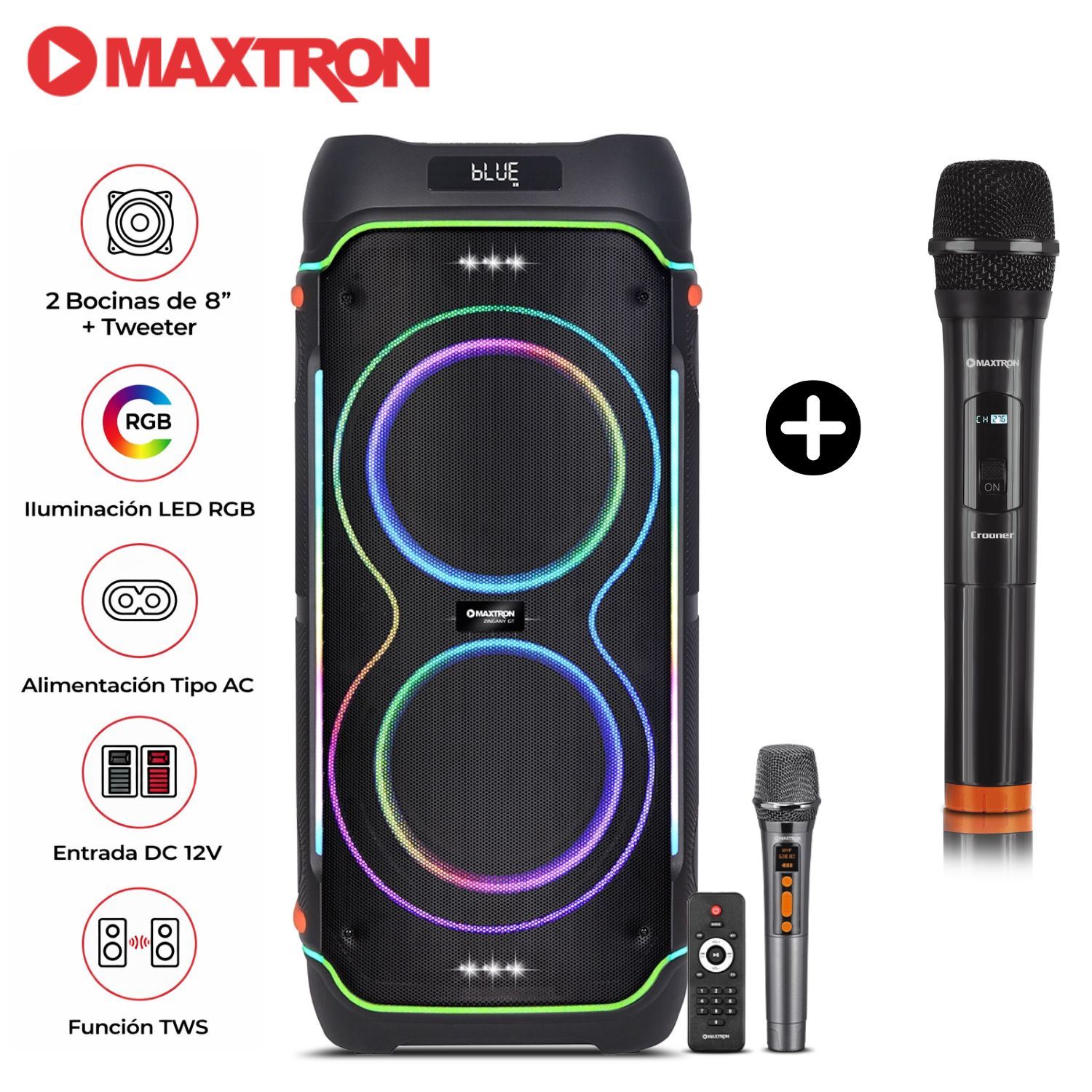 Promo Torre de Sonido Maxtron MX 834 Zingany USB BT TWS  02 Micrófonos