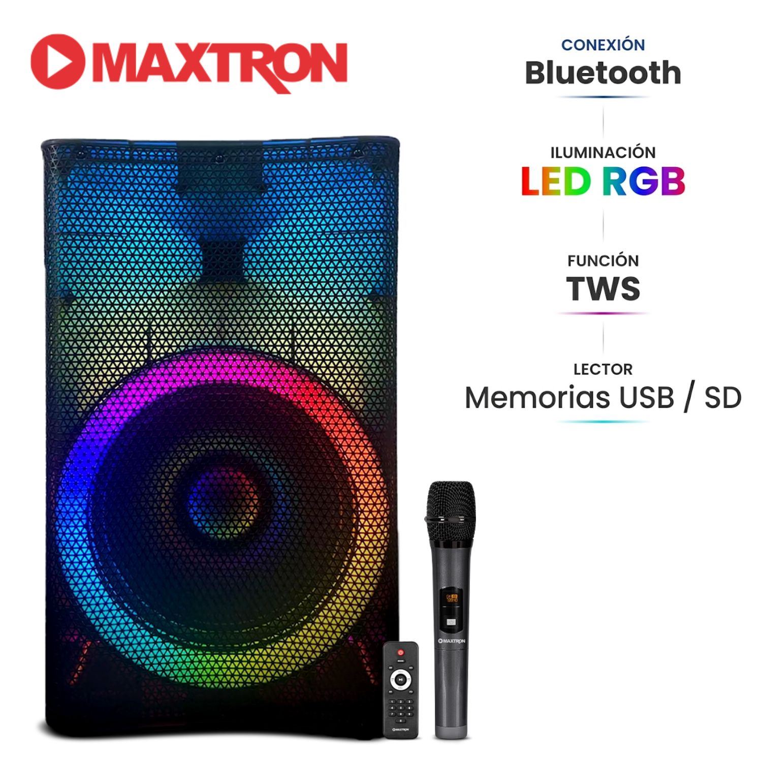 Parlante Activo Maxtron MX 1501 Rainbow Boufer 15" USB BT TWS LED RGB