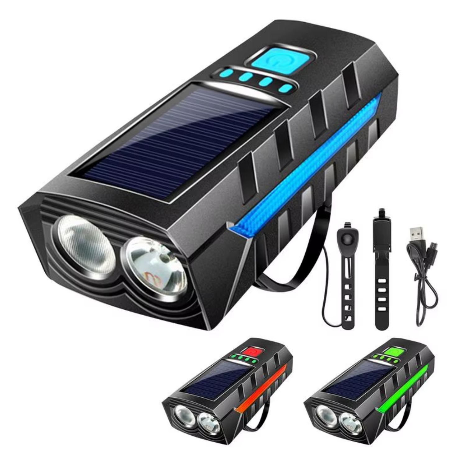 Linterna de bicicleta LED recargable solar y USB con alarma, batería 4000mAh, función power bank, 3 modos de luz y resistente a lluvias