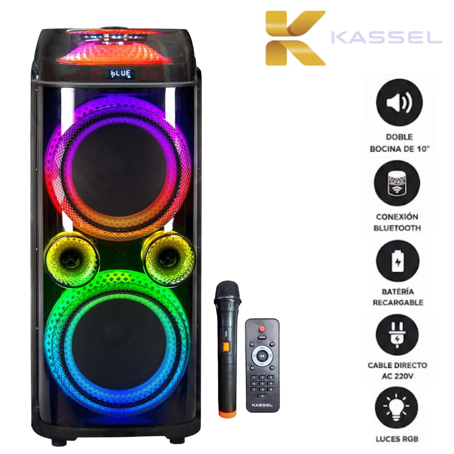 Torre de Sonido Full Fiesta Kassel K2102 con 02 Bocinas de 10 pulg, Karaoke