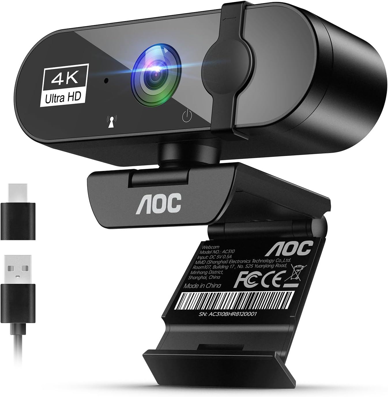 AOC Cámara Web 4K Ultra HD con Micrófono y Cancelación de Ruido para PC