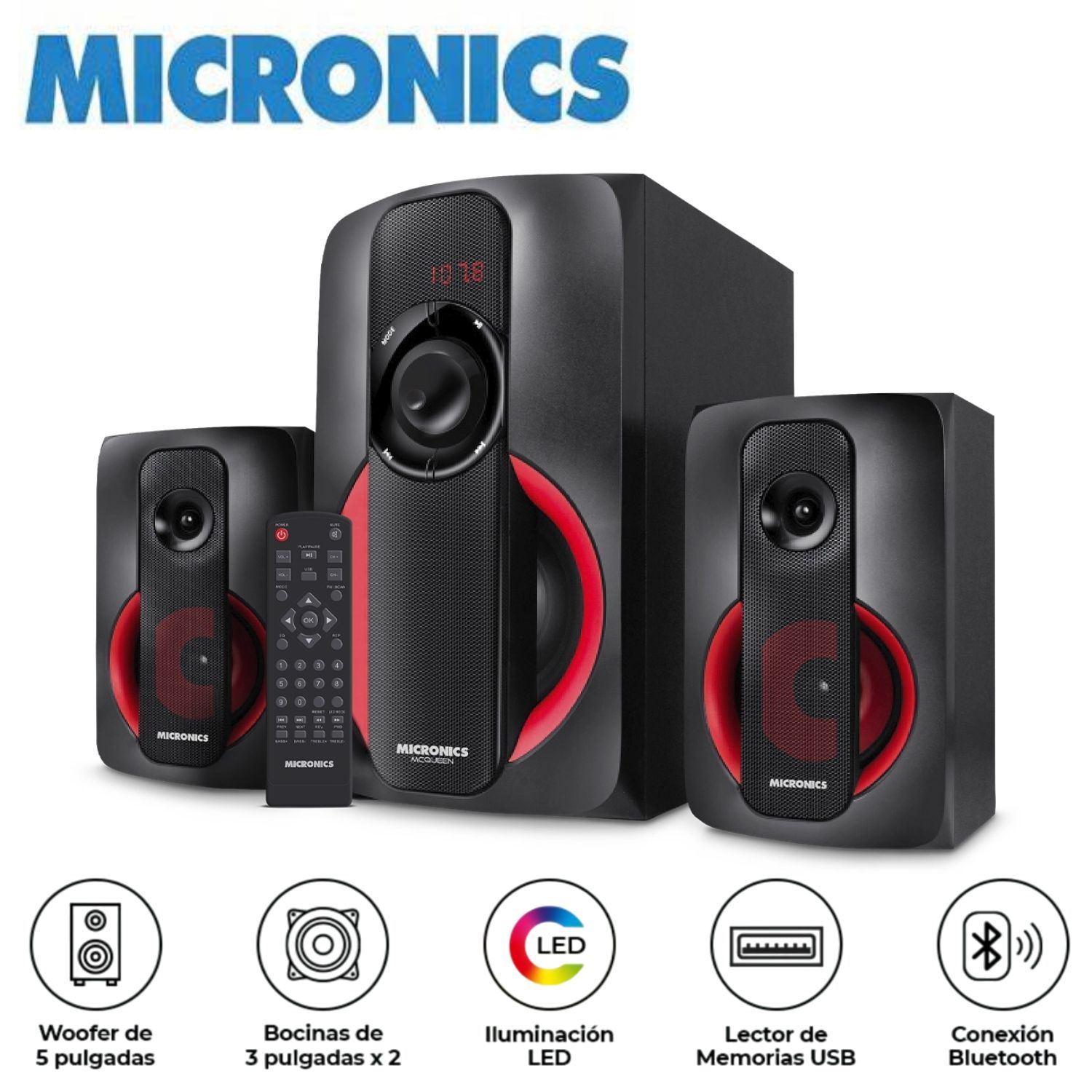 Parlante Micronics MIC S7528BT Mcqueen 2.1 con Subwoofer 5" Iluminación LED
