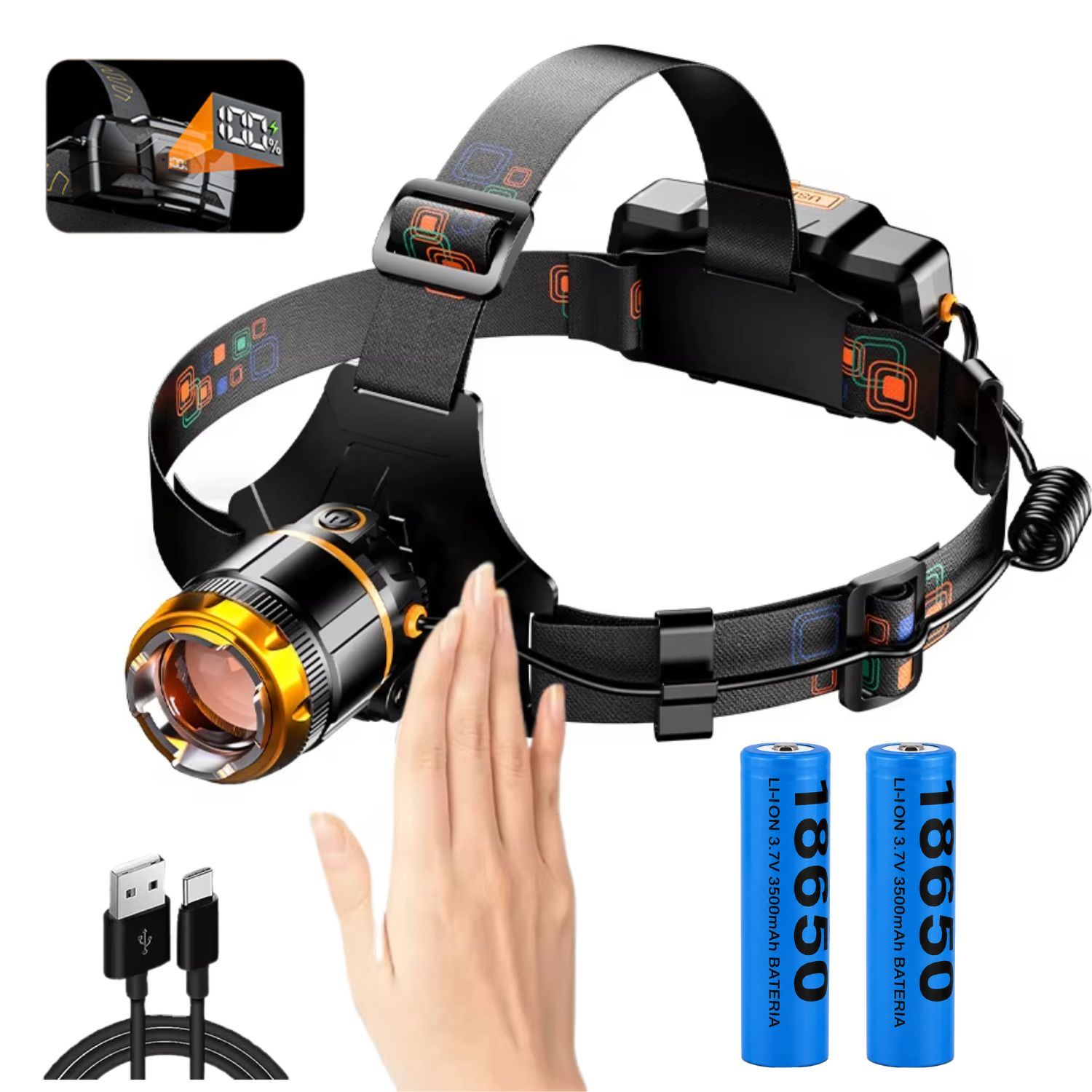 Linterna Frontal Recargable LED 950 Lúmenes Con Sensor De Movimiento Zoom Ajustable Y Power Bank 7000mAh