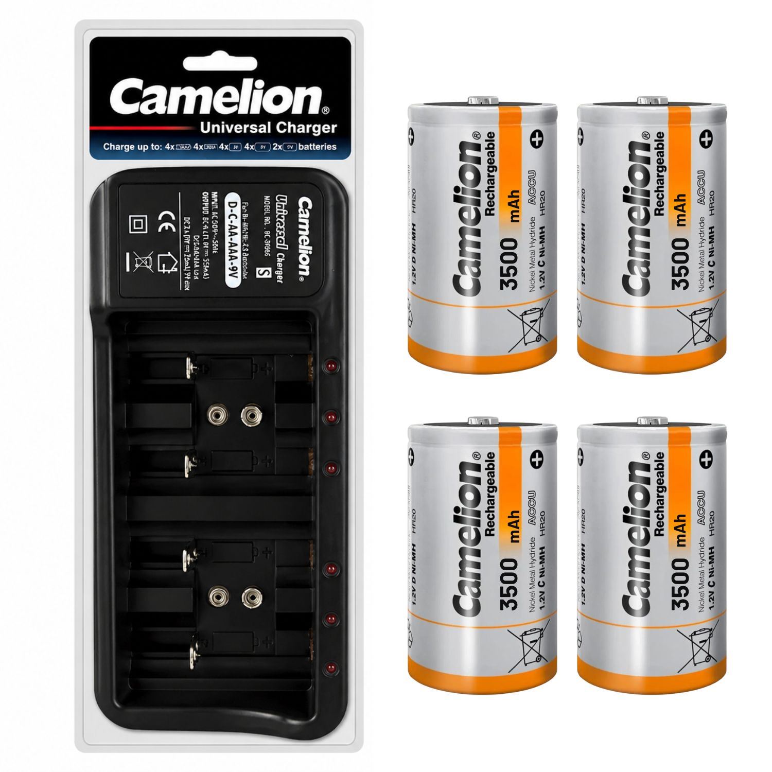 CARGADOR UNIVERSAL BC-0906SM + 4 PILAS D 3500mAh RECARGABLES