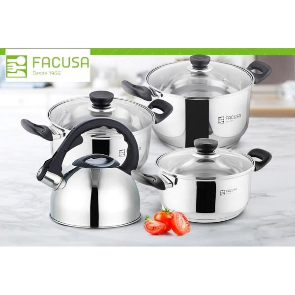 Juego de Ollas con tapa de vidrio + Tetera Acero Inoxidable 7 piezas
