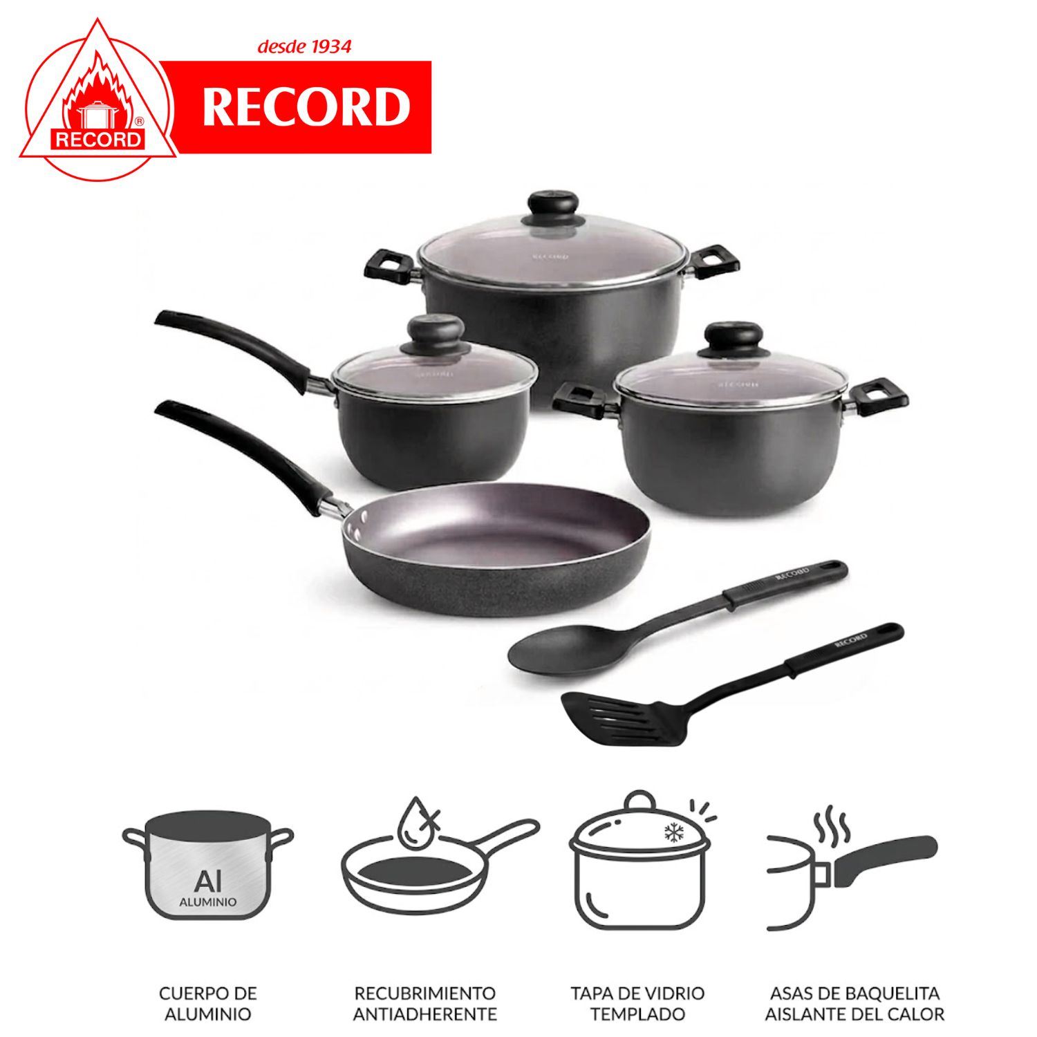 Juego de ollas Record RE9290093750 9PZS Antiadherente Negro