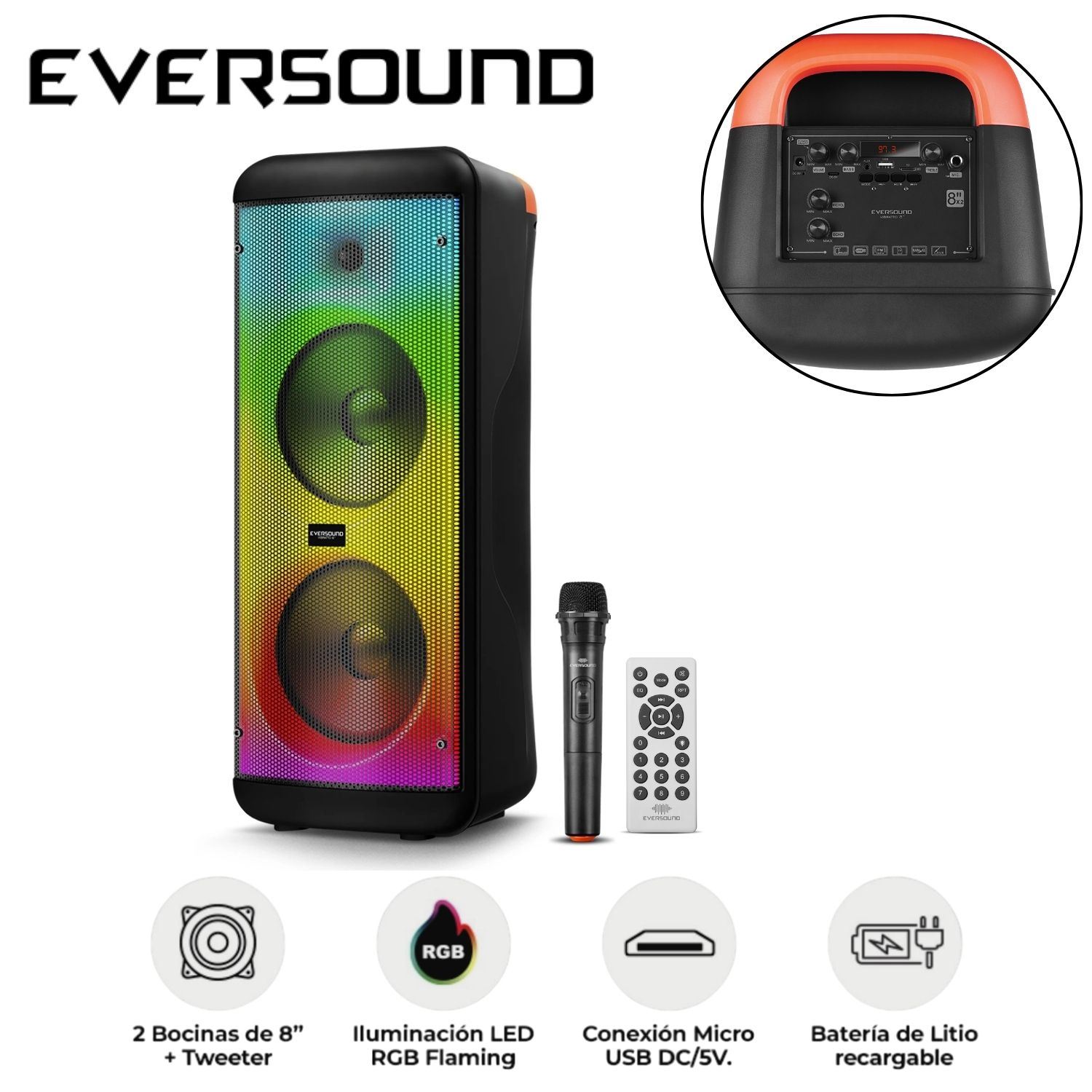 Torre de Sonido Eversound Vibratto EV 5008WL 02 Bocinas 8" con Micrófono
