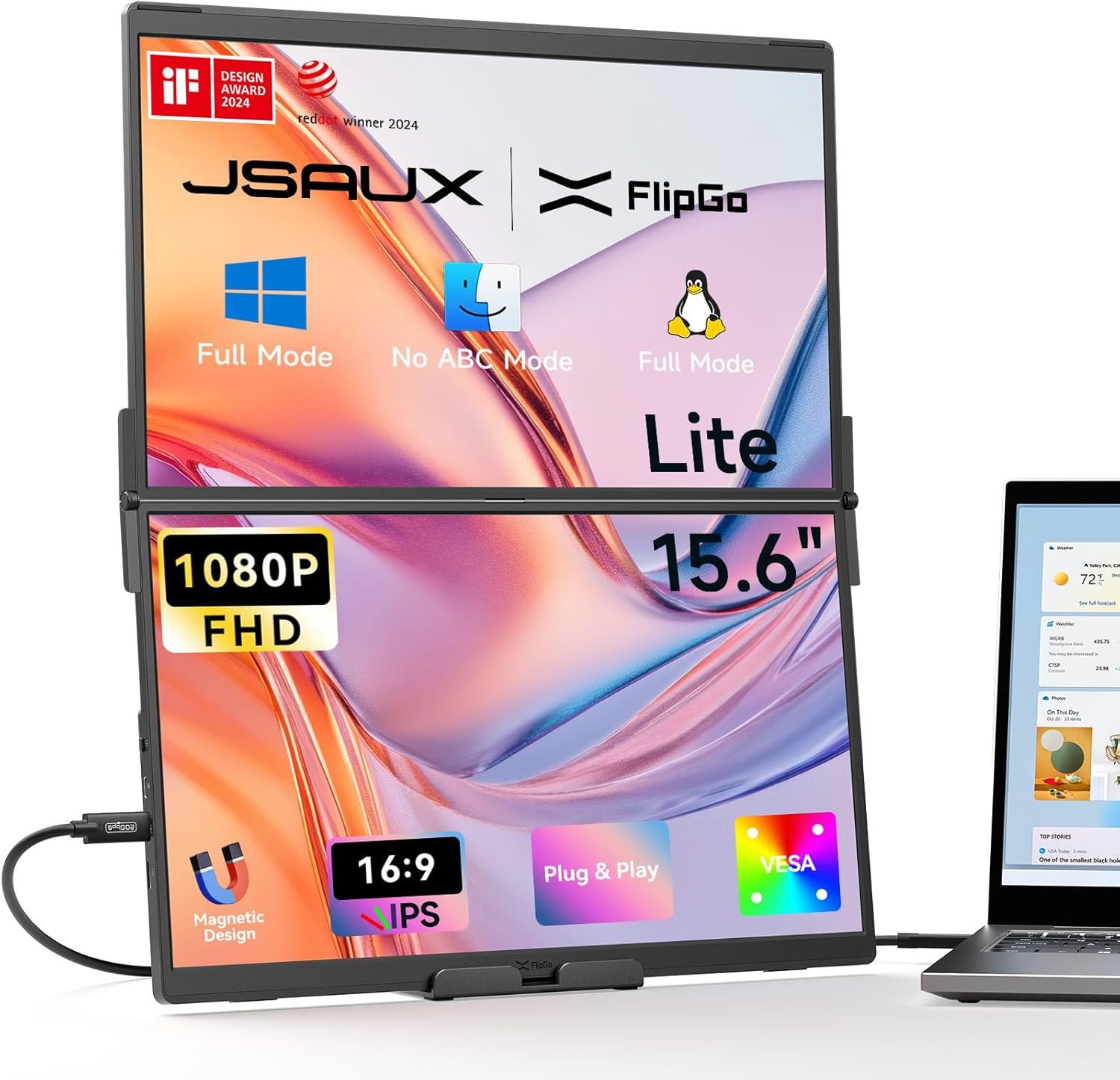 Monitor Portátil Dual JSAUX FlipGo Lite 15.6” FHD 1080P IPS – Extensor de Pantalla para Laptop con USB-C y Diseño Apilado