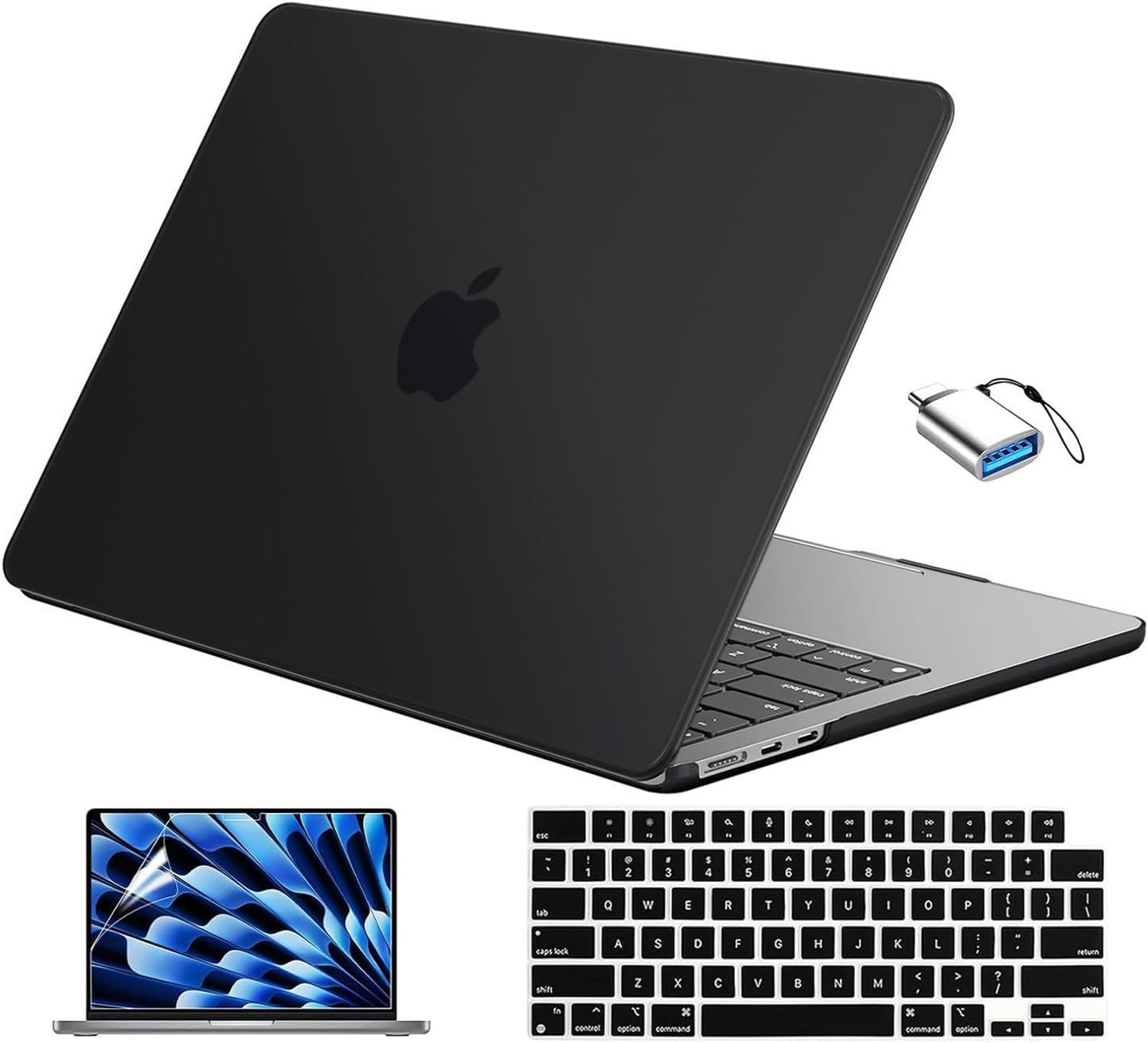 EooCoo Funda MacBook Air 13.6 M5/M4/M3/M2 A3449 A3240 A3113 A2681 + Teclado + Mica Negro Mate