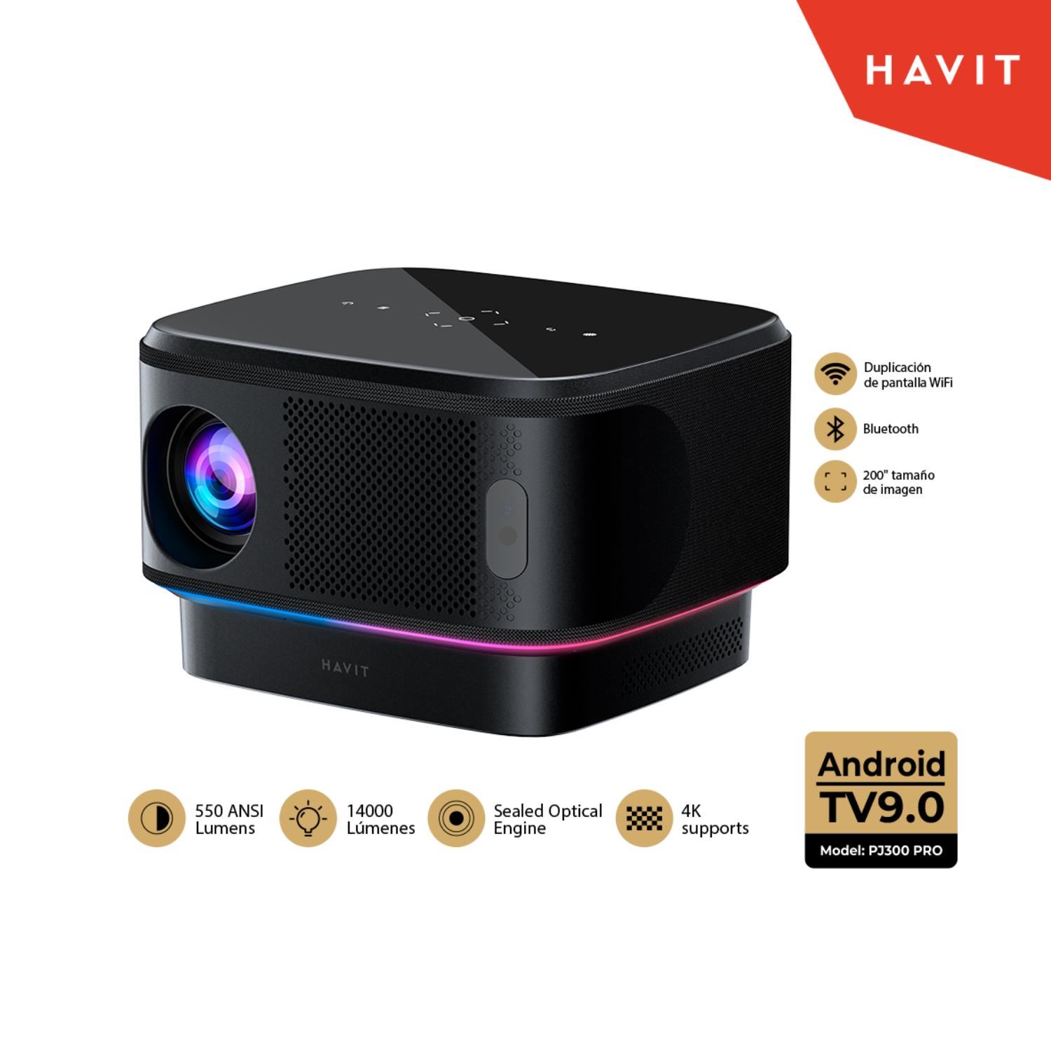 PROYECTOR HAVIT PJ300 PRO SMART1920 x 1080 4K 14000 LUMENES, 550 ANSI LUMENS, ANDROID-TV 9.0 DISPLAY WIFI BLACK