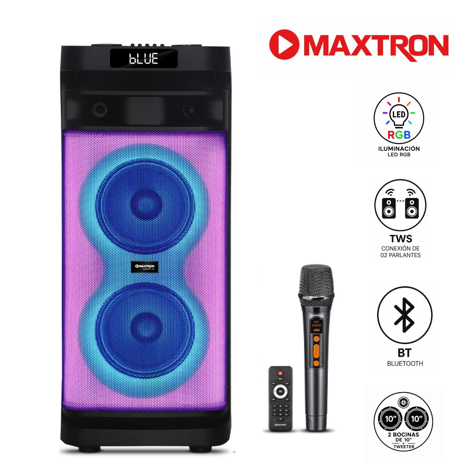 Torre de Sonido Maxtron Infinity XT MX 1038 PRO Boufer 10" x 2 USB BT TWS 01 MICRO