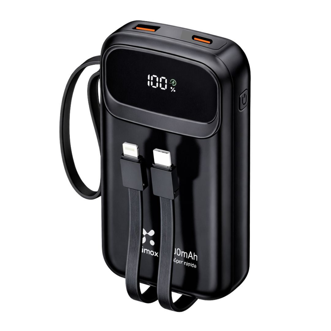 Power Bank 20000 mAh con Carga Rápida PD 22.5W, Cables Integrados Tipo C y Lightning