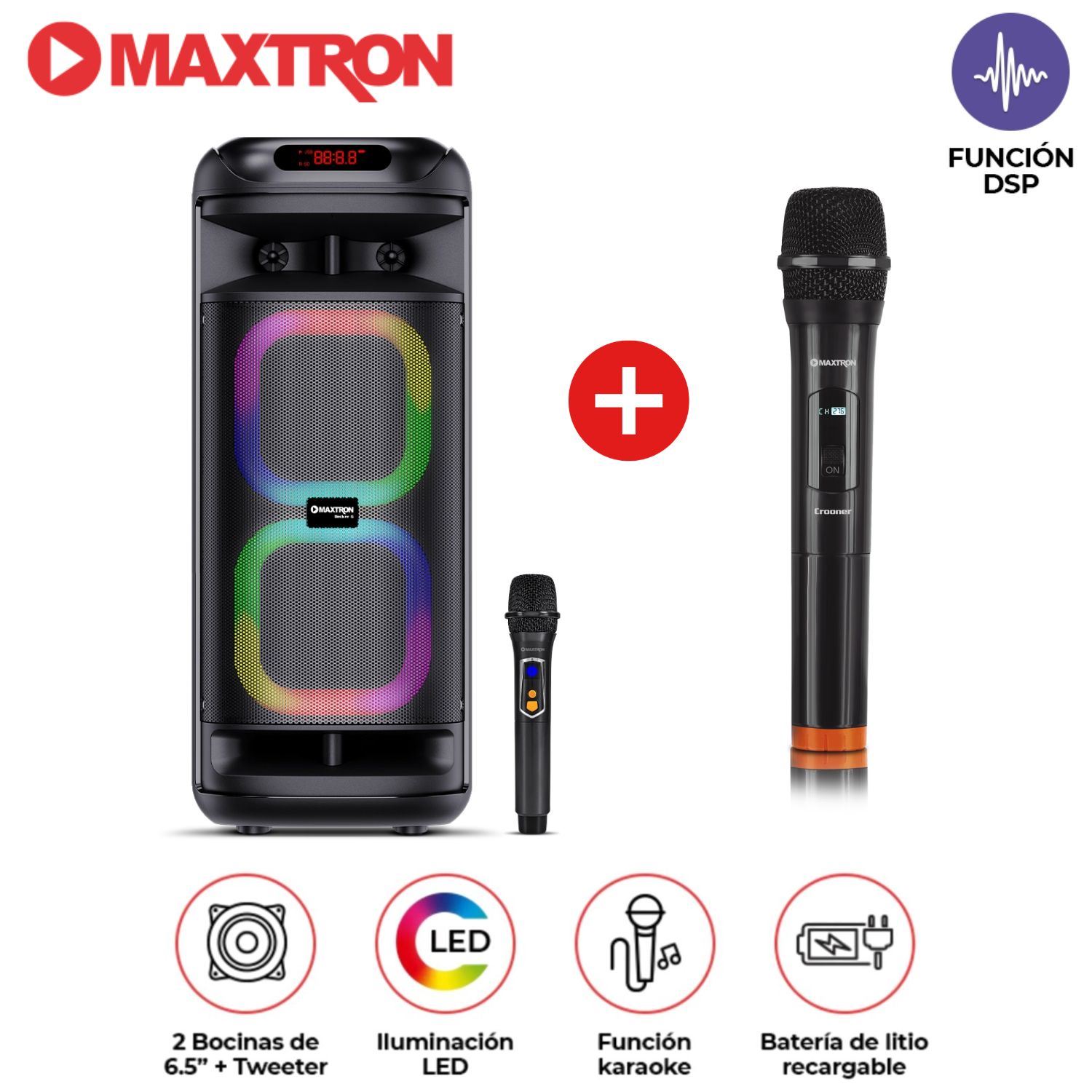 Promo Torre de Sonido Maxtron Mx 601 Becker 02 Bocinas 6,5 pulgadas 02 Micrófonos Luces LED
