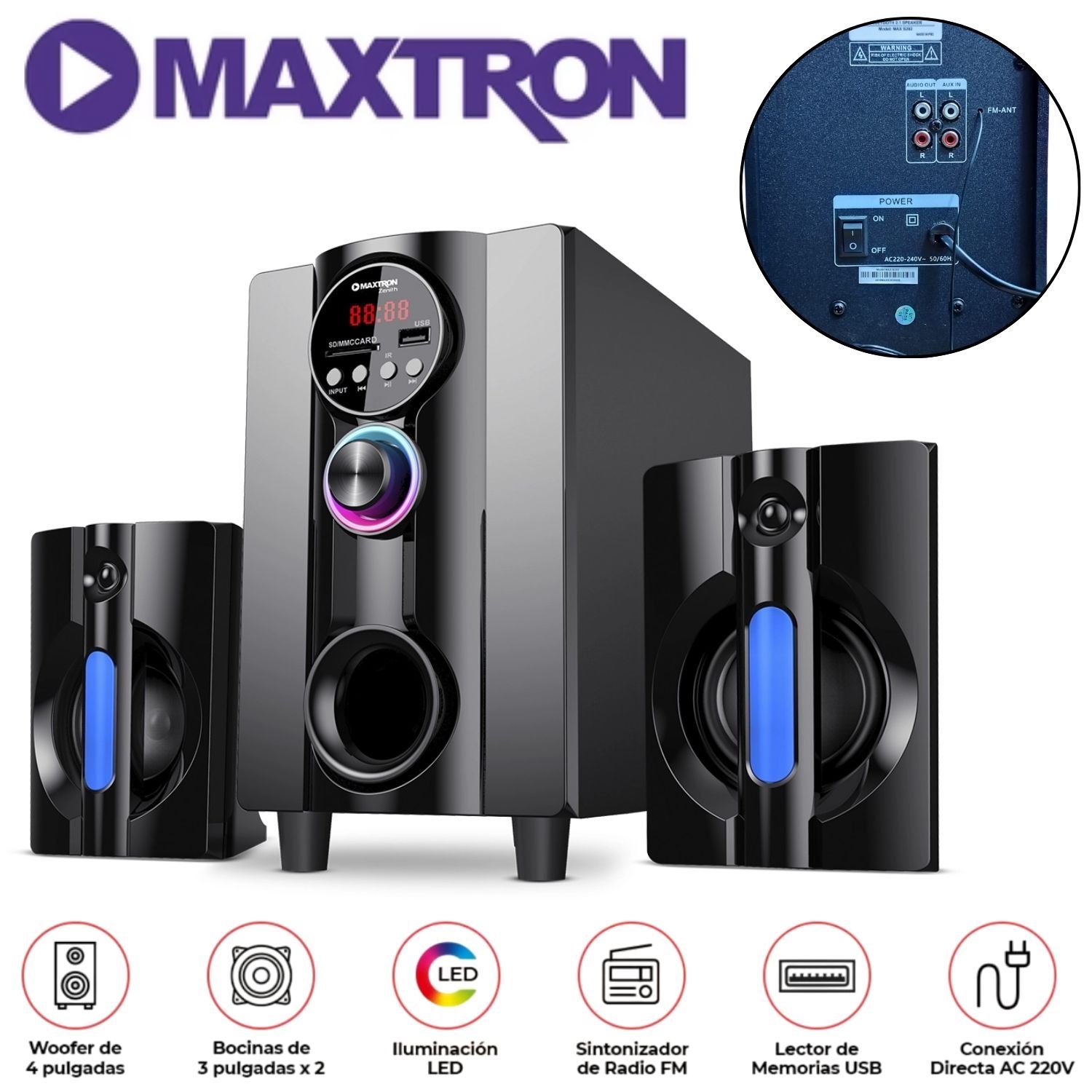 Parlante 2,1 Maxtron MAX S202 Zenith Subwoofer 4" USB BT AUX