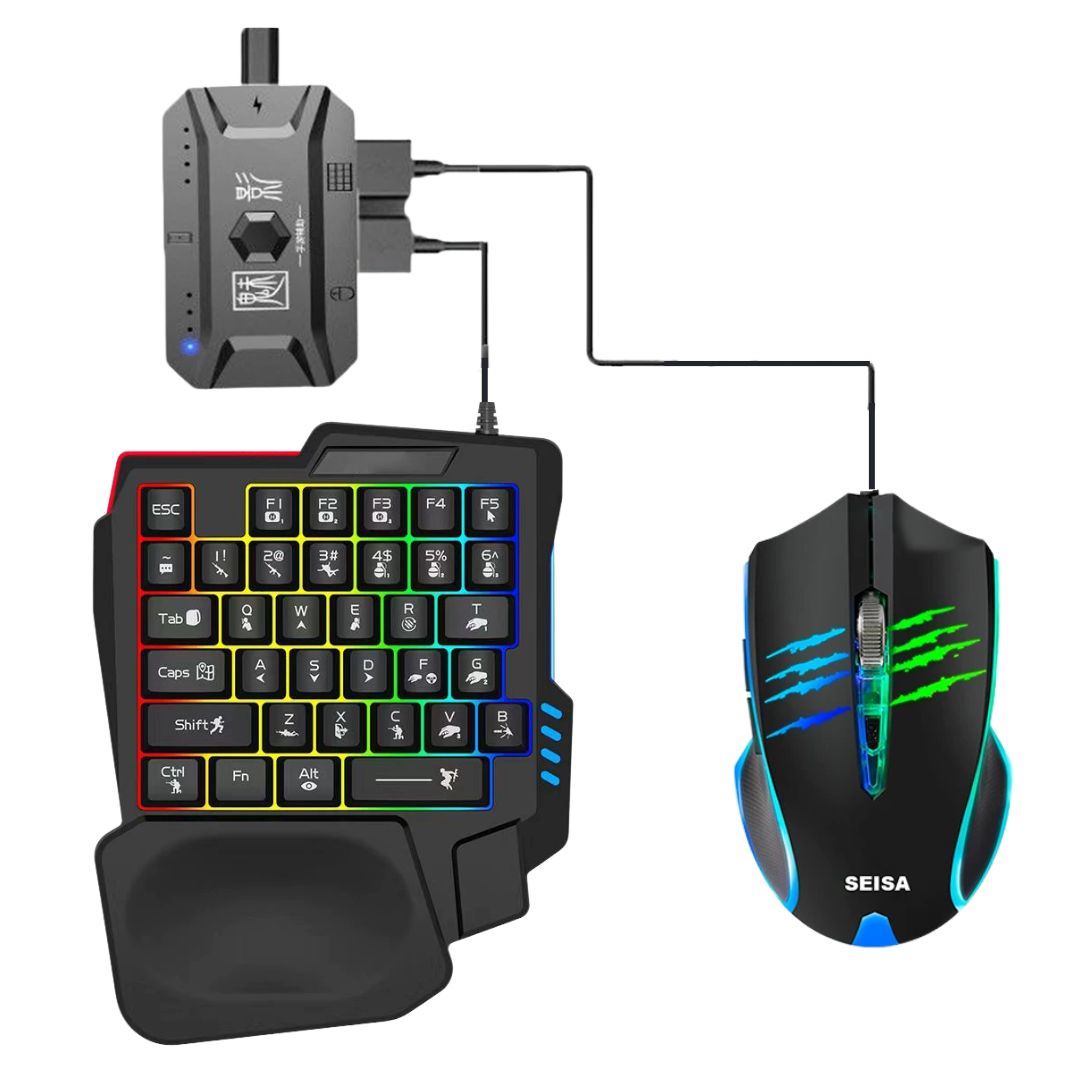 Kit Gamer para Celular SEISA 4 en 1 con Teclado, Mouse, Luz RGB y Adaptador Bluetooth Android iOS PC
