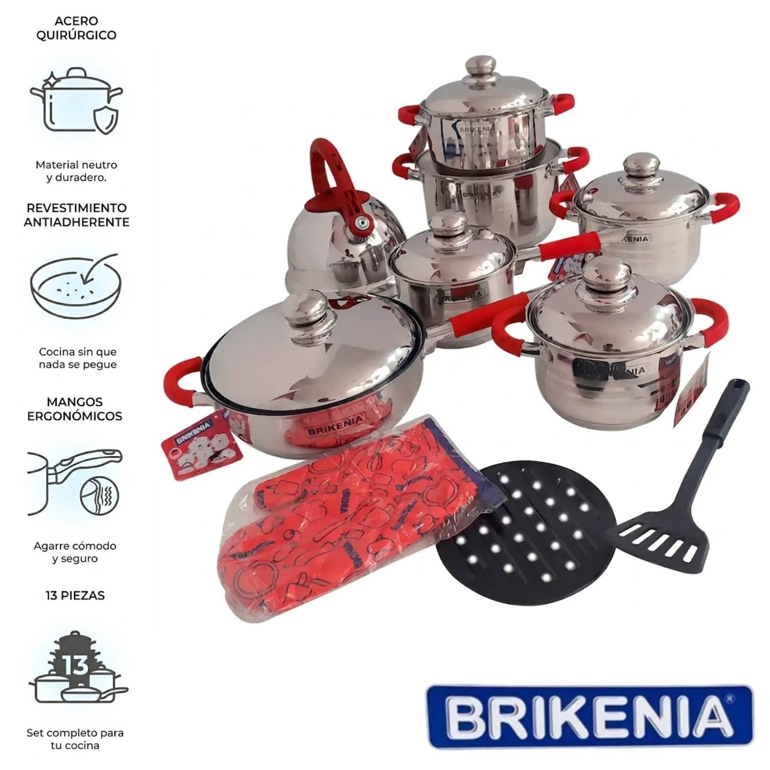 Juego De Ollas Brikenia 13 Piezas En Acero Quirúrgico Con Tetera Silbadora Color Rojo