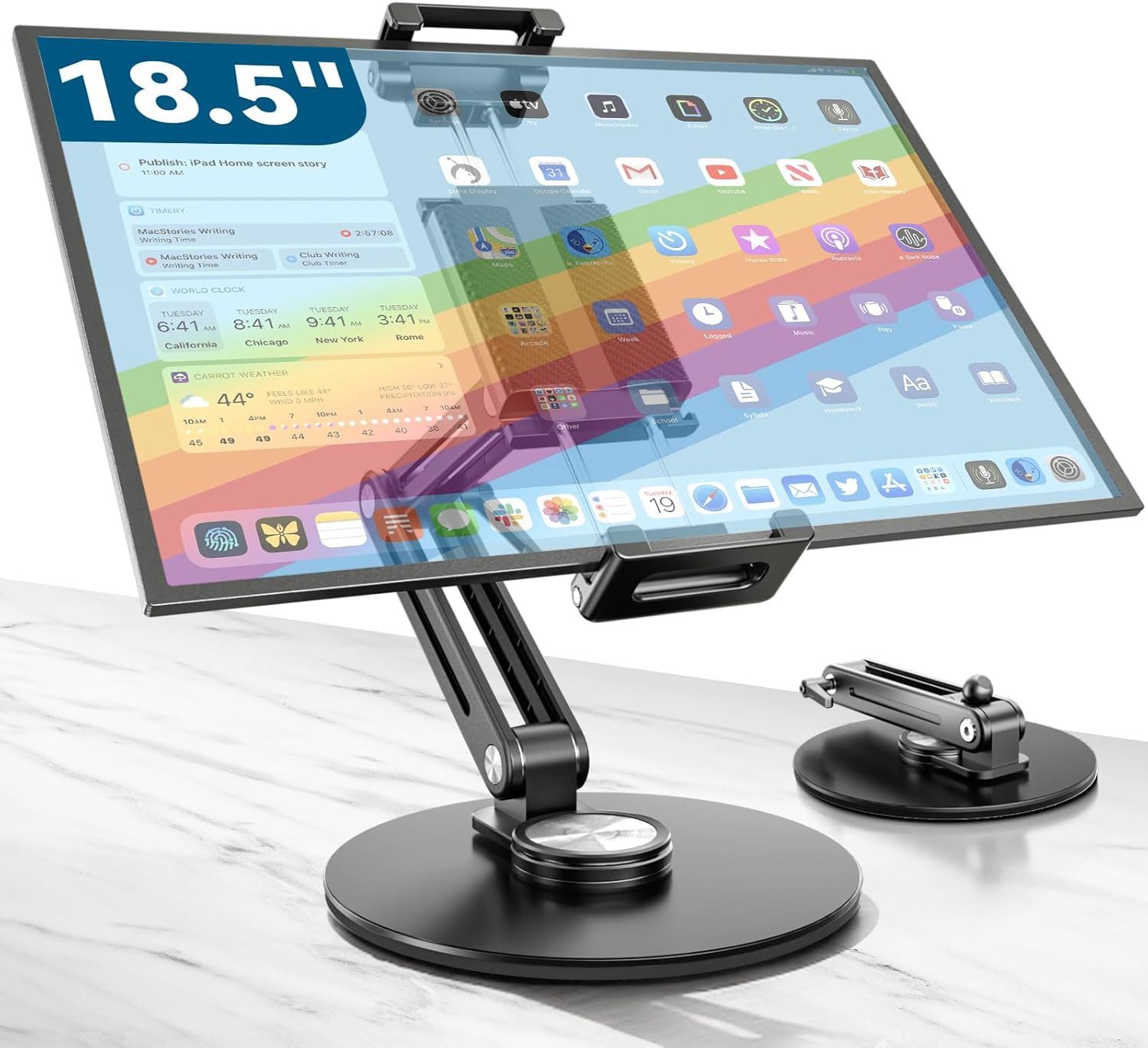 Jakeko Soporte Tablet y Monitor Portátil Ajustable 360° | Base Metálica Antideslizante | Compatible hasta 18.5” | Aluminio Premium