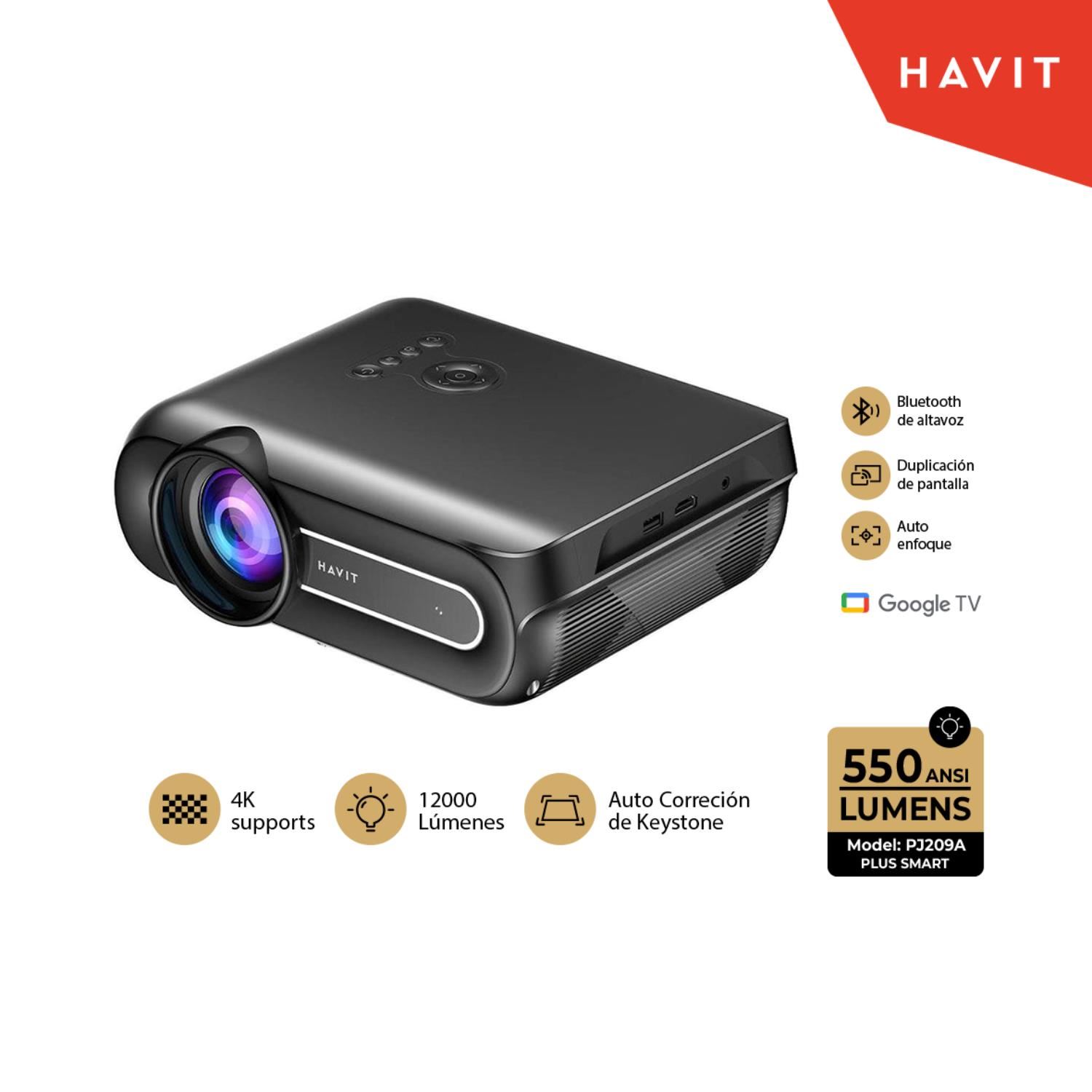 PROYECTOR HAVIT PJ209A PLUS SMART 1920 x 1080 4K FHD 12000 LUMENES,550 ANSI GOOGLE TV NEGRO