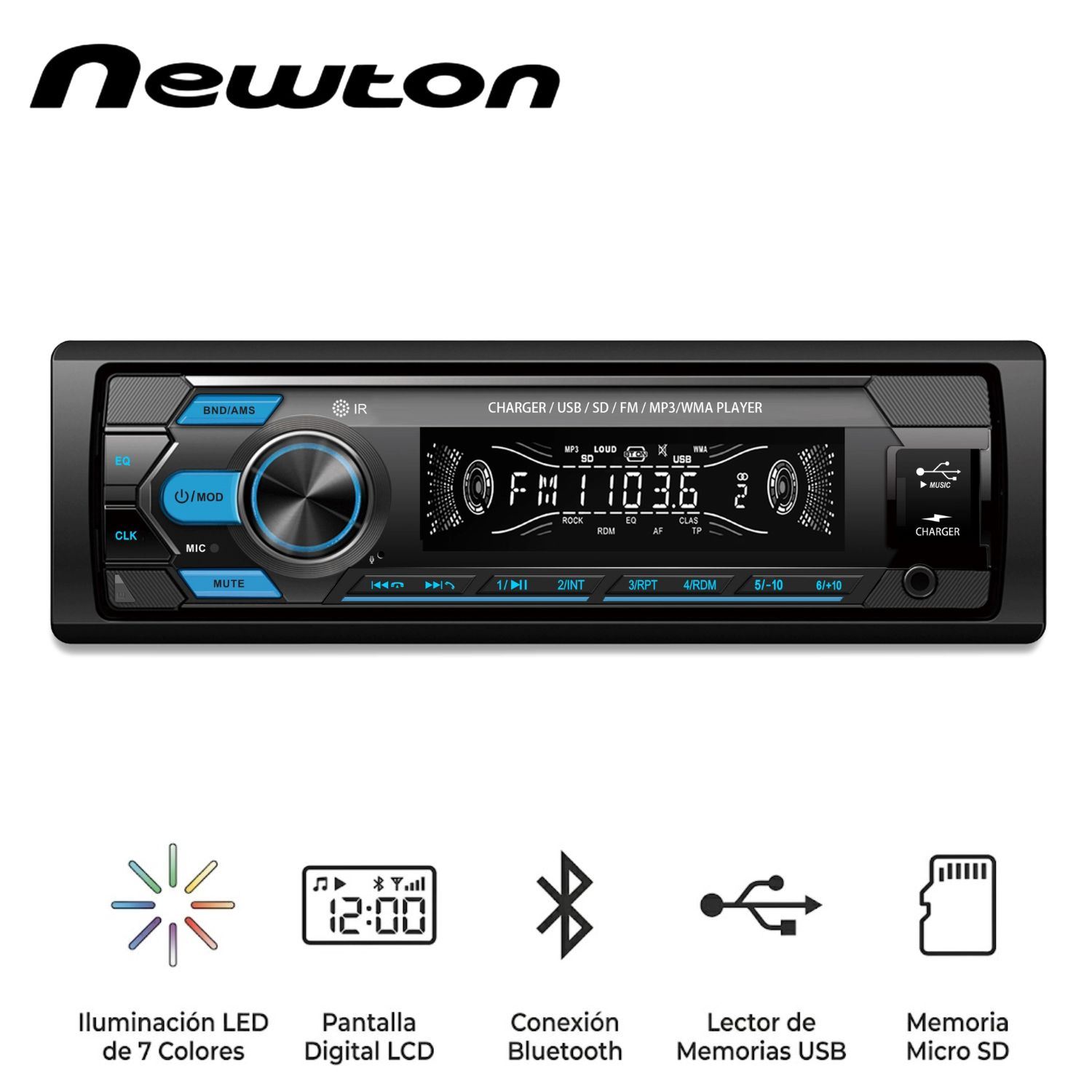 Autoradio Newton Alpine NWT 503 con Máscara Extraíble luces LED de 7 Colores