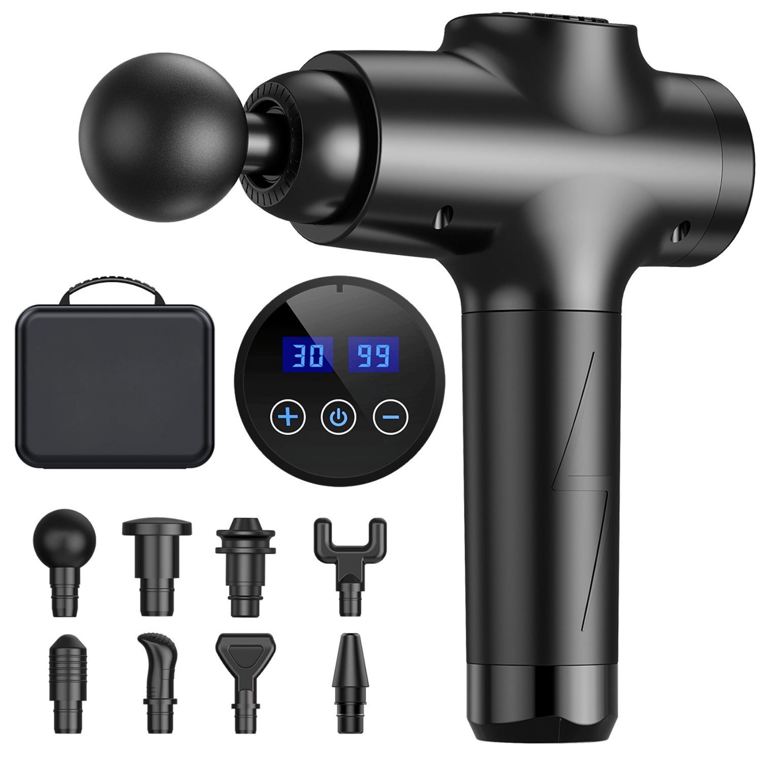 Pistola De Masaje Muscular Profesional Con 30 Velocidades 8 Cabezales Y Pantalla LCD Recargable