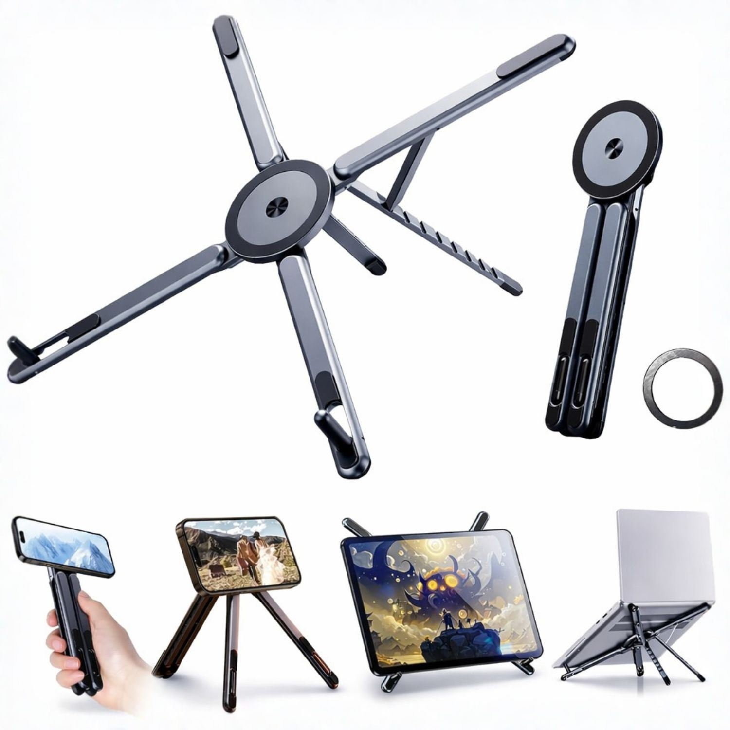 Soporte Magnético Plegable 3 en 1 para Laptop Tablet y Celular Ajustable 8 Niveles Compatible MagSafe