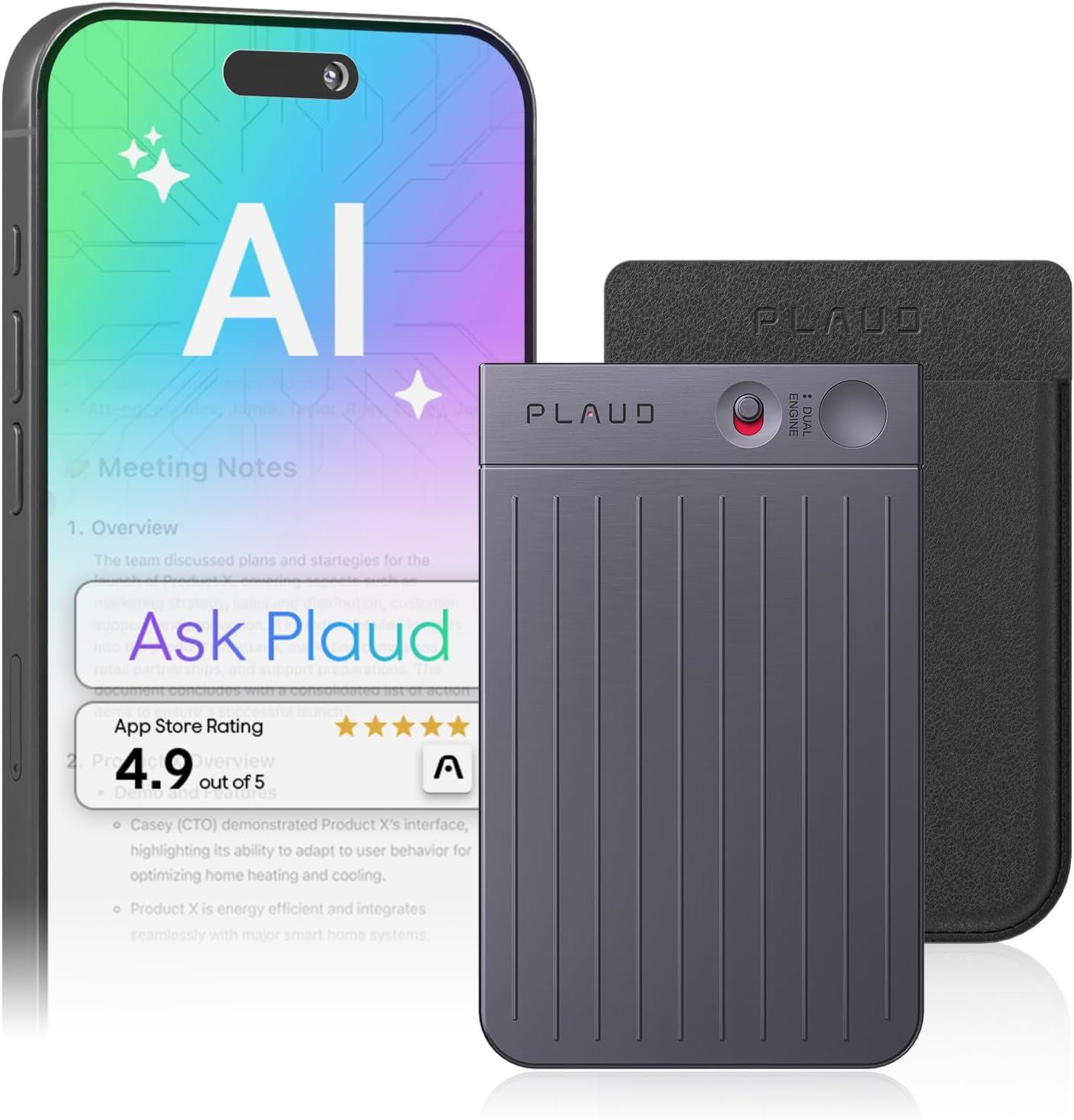 PLAUD Note 64 GB grabadora de voz AI potenciado por ChatGPT con funda y aplicación - Gris/Negro