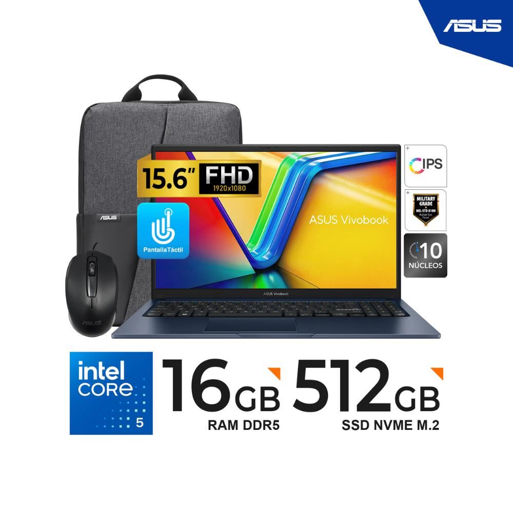 LAPTOP ASUS VIVOBOOK 15 - 15.6" FHD IPS TOUCH / Core 5-120U 1.4-5.0GHz / 16GB DDR5 / 512GB SSD / Mouse y Mochila