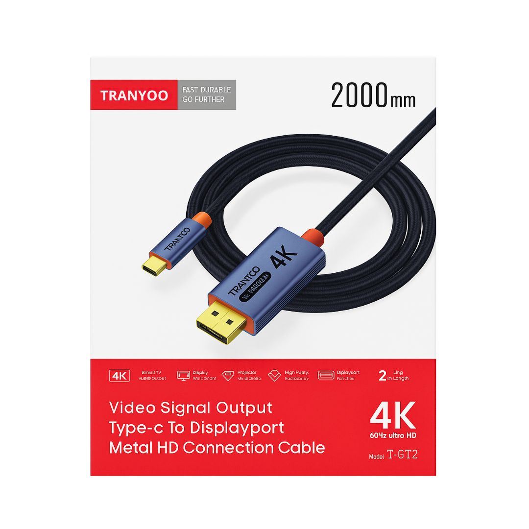 Cable de Video Type-C a DisplayPort Tranyoo 4K 60 Hz 2 m con Conectores Metálicos Antideslizantes