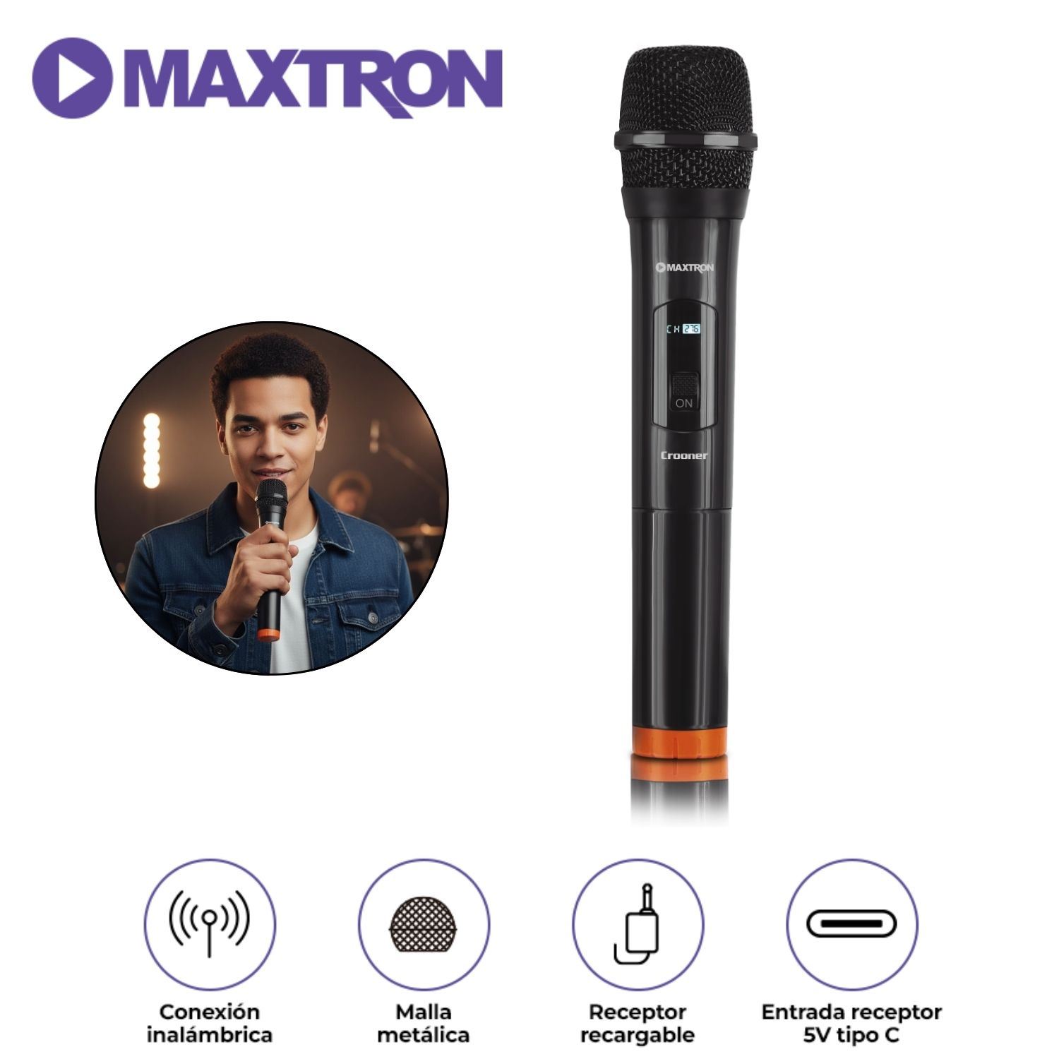 Micrófono Inalámbrico Maxtron Crooner MX 758 Compatible con Equipos de Sonido con Plug 6.35 mm