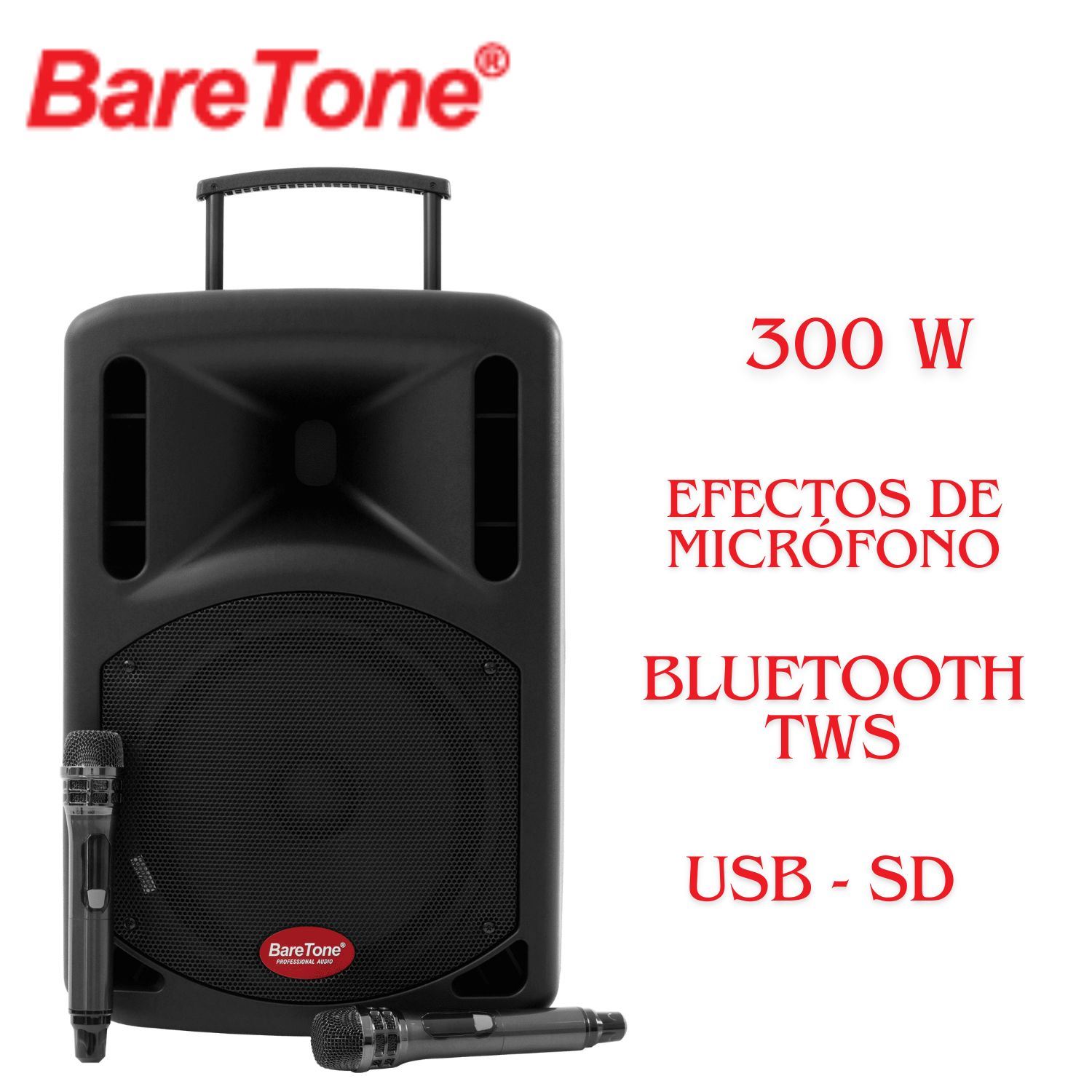 Parlante Portátil BARETONE MAX15EX 300W RMS TWS USB Efectos de micrófono