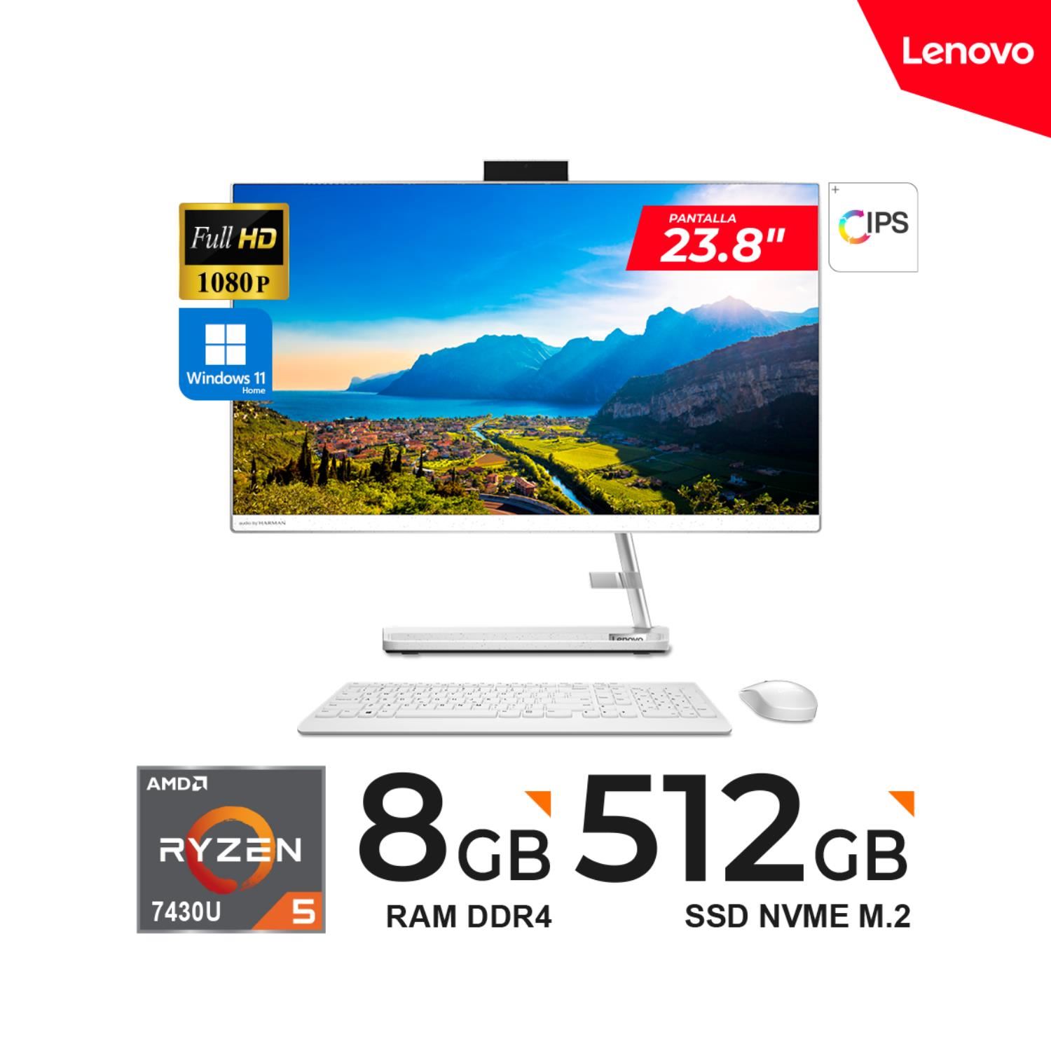 PC TODO EN UNO LENOVO IdeaCentre 3 24ALC6 23.8" FHD, IPS AMD Ryzen 5 7430U / 8GB DDR4, 512GB SSD - Win11 Home BLANCO