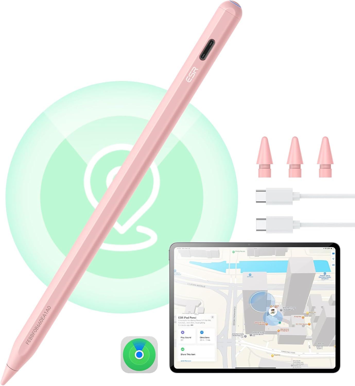 ESR Geo Lápiz Digital para iPad con Find My | Stylus Preciso con Rechazo de Palma, Carga Rápida y Compatibilidad iPad 2018-2026 - Rosa