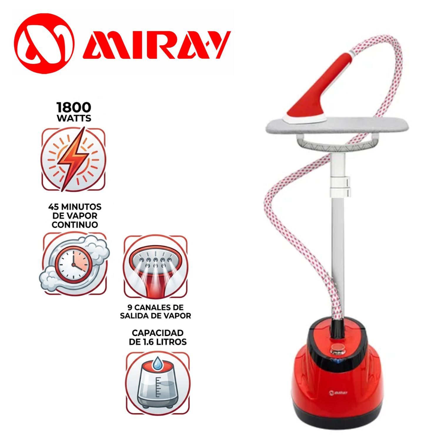 Vaporizador de Prendas Vertical Miray VPM-10 1800 Watts y tanque 1.6 Litros Rojo