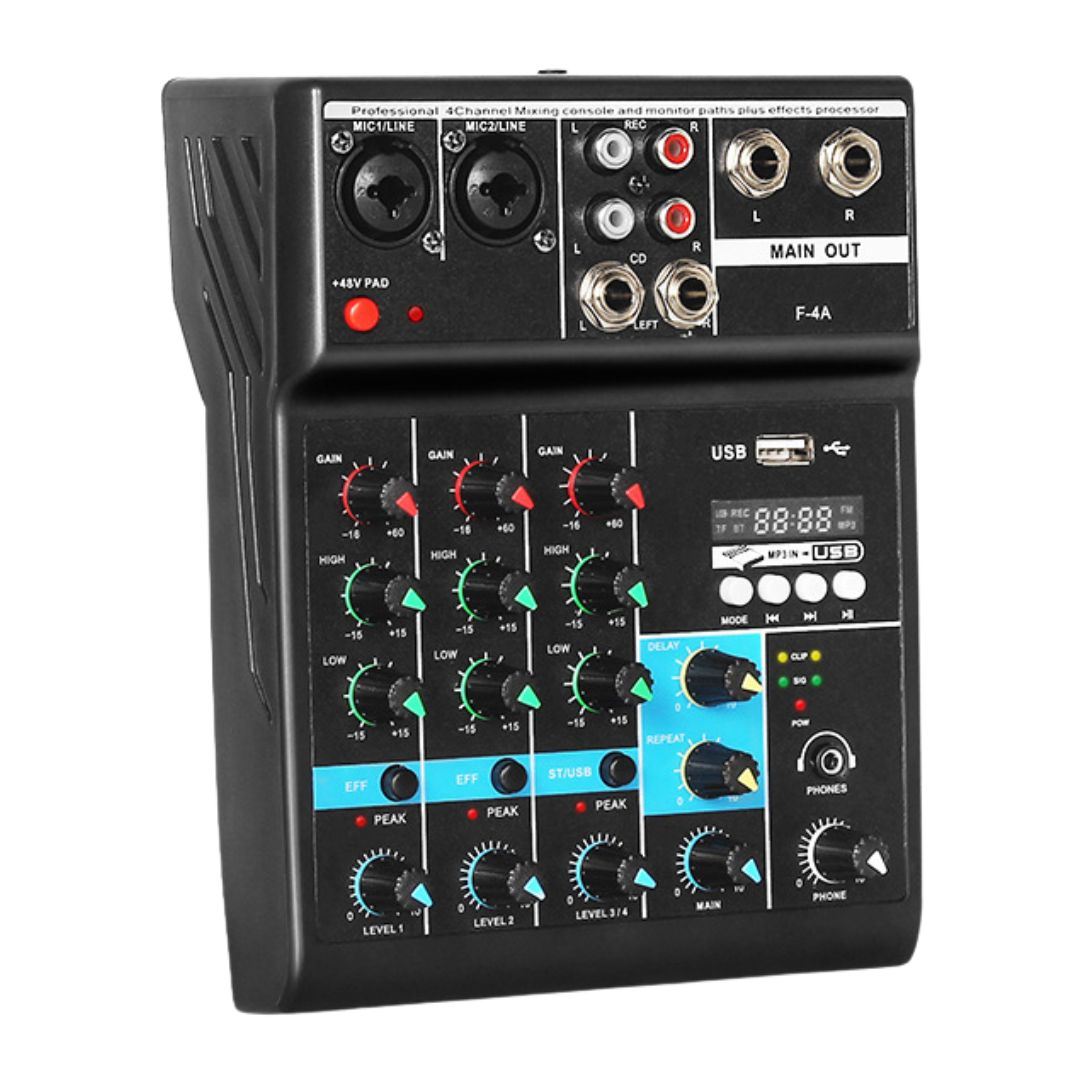 Mezclador de Audio Profesional EN VIVO de 4 Canales Bluetooth USB F-4A