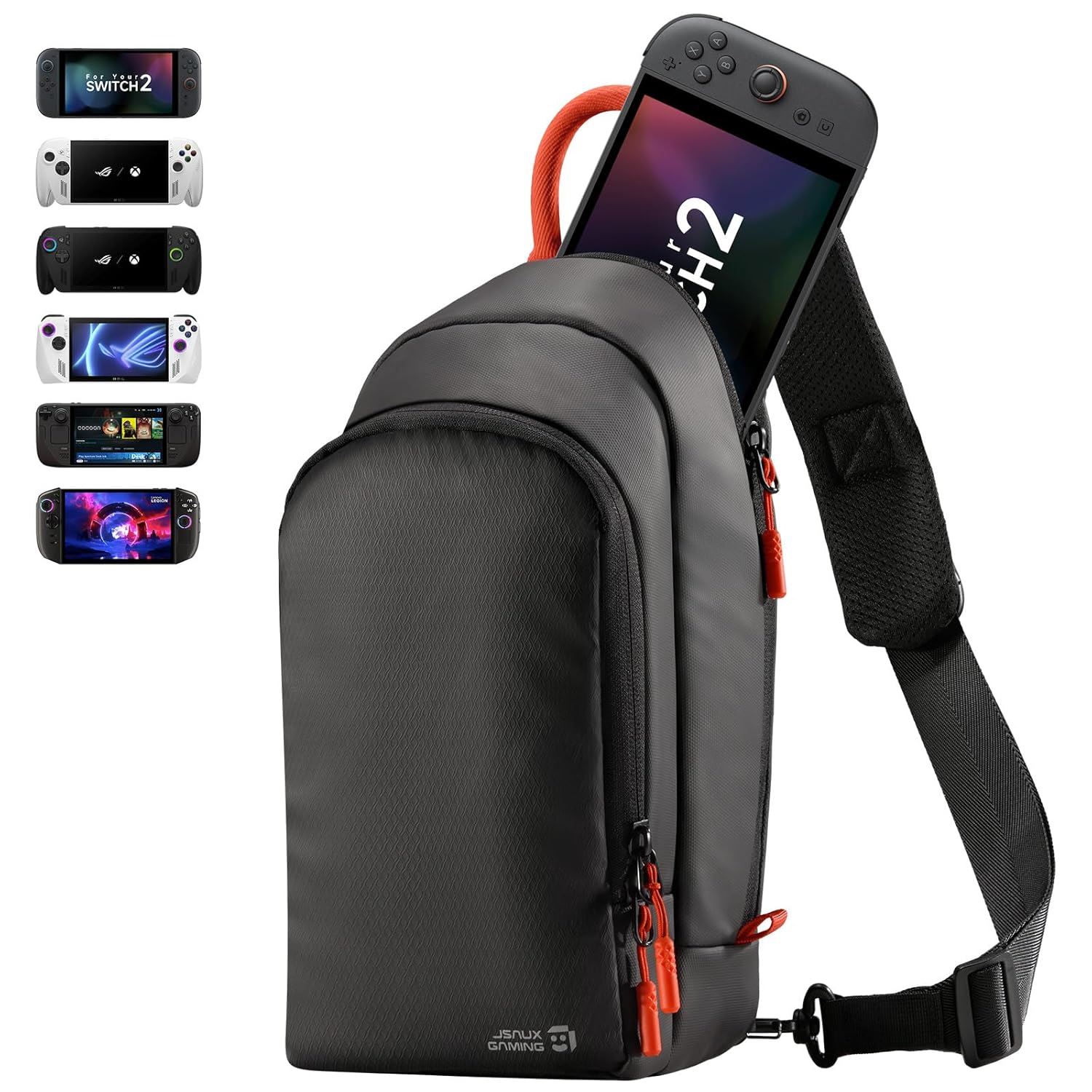 JSAUX Mochila para Switch 2, Steam Deck, ROG Ally X y Legion Go 2 – Funda Protectora con 3 Compartimentos y Protección de Joystick
