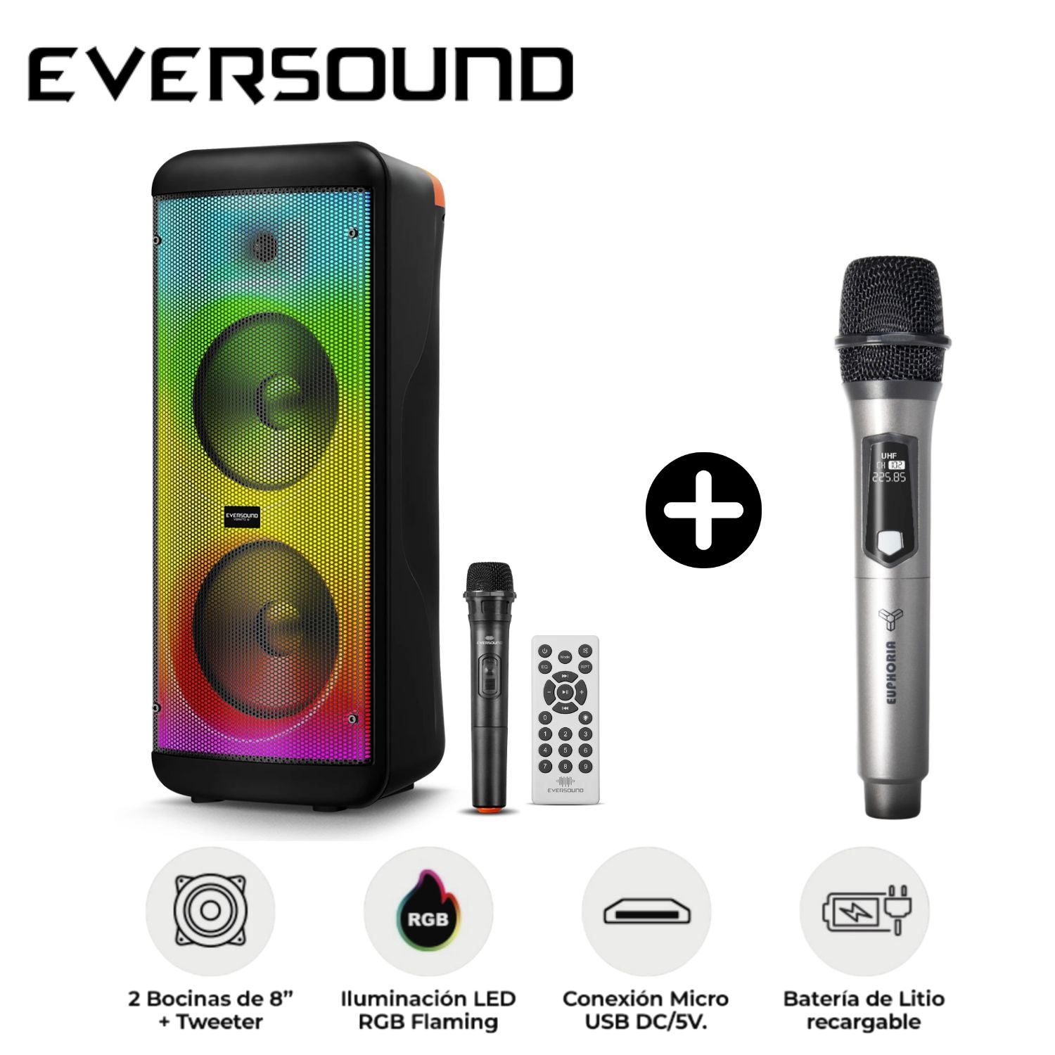Torre de Sonido Eversound EV 5008WL 02 Bocinas 8" + Micrófono Inalámbrico Euphoria