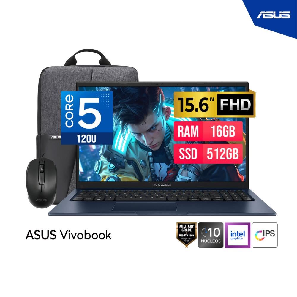 LAPTOP ASUS VIVOBOOK 15.6" FHD IPS Core 5-120U - 16GB DDR5 - 512GB - Mochila + Mouse Freedos