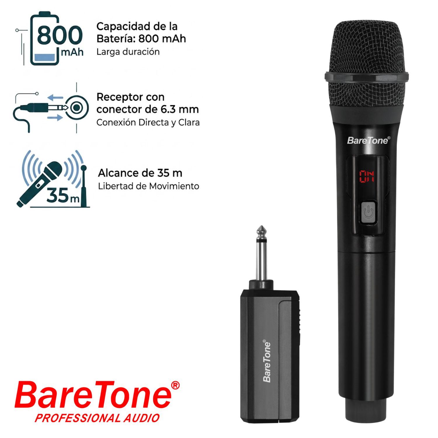 Micrófono Inalámbrico Baretone WM2401 Alcance 35 m Plug Jack 6.3 mm