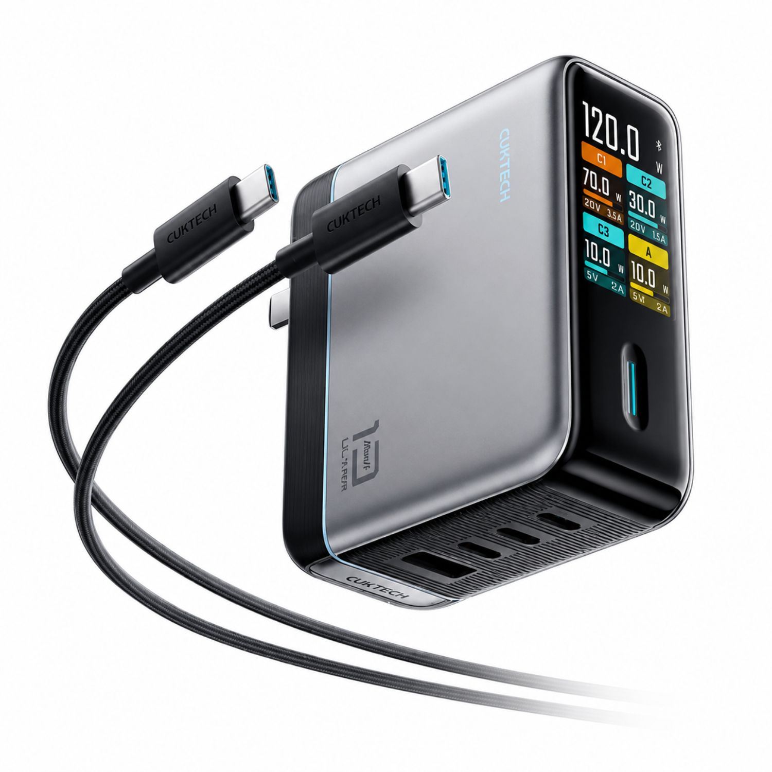 Cargador Gan 120W Con Pantalla Digital Inteligente 3 Puertos USB C Y USB A Compatible Con Laptop Tablet Y Celular