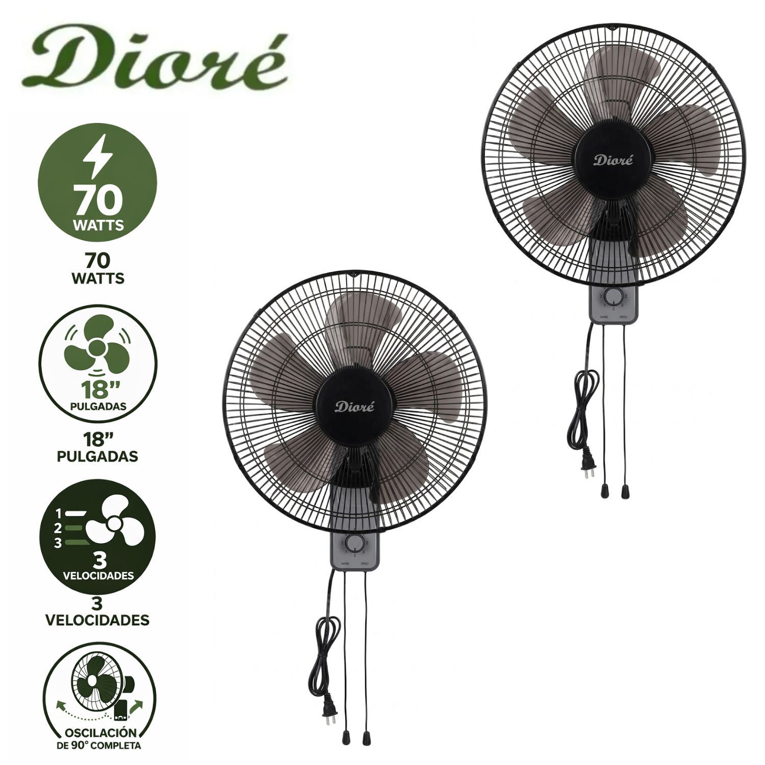 Pack 02 Ventilador de pared Dioré MWF 1805 3 velocidades 5 aspas 70 W Negro/Gris