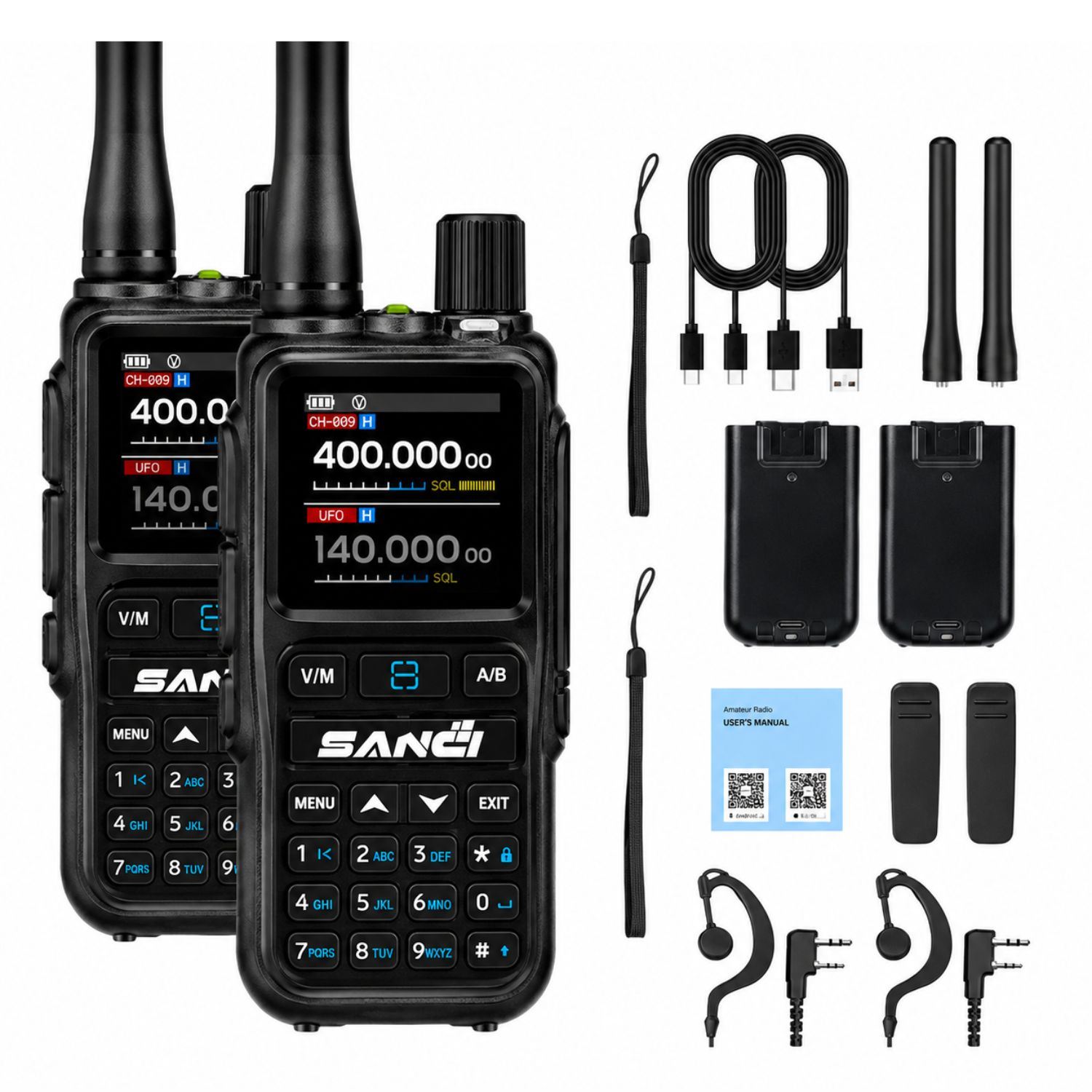 Walkie Talkie Bluetooth Largo Alcance VHF UHF 999 Canales Recargable USB Tipo C Pack X2