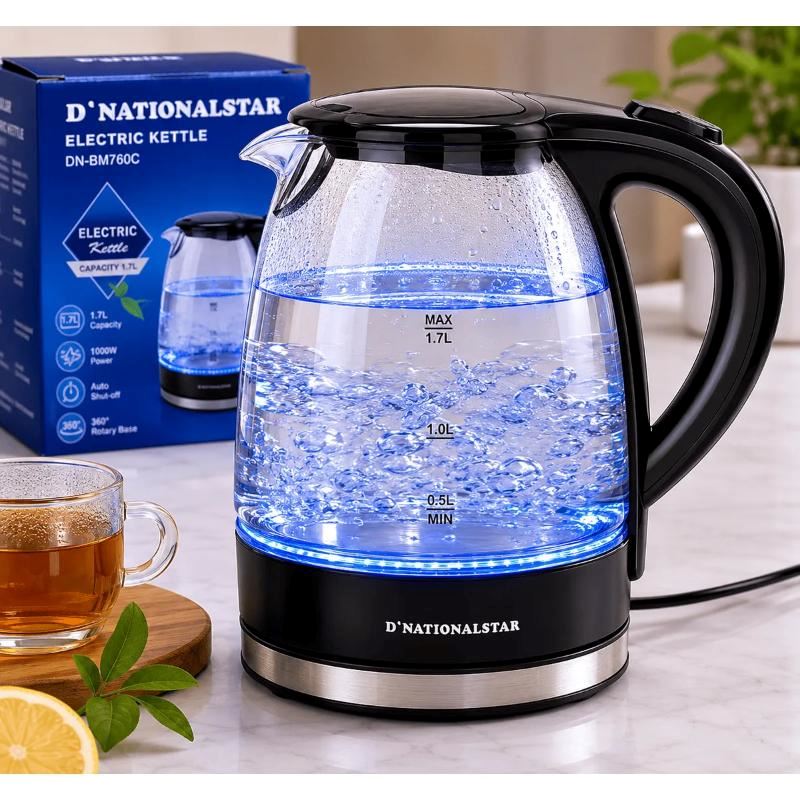 Hervidor Eléctrico D’Nationalstar DN-BM760C 1.7L Vidrio Resistente con Apagado Automático
