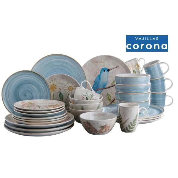 Juego de Vajilla Lovely Caoba Azul 32 Piezas - 8 puestos - Corona